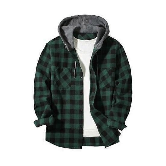 Fall Spring Men Shirt Hooded Drawstring Long Sleeves Color Matching Plaid Print Single-breasted Daily Wear School Home Shirt Coat