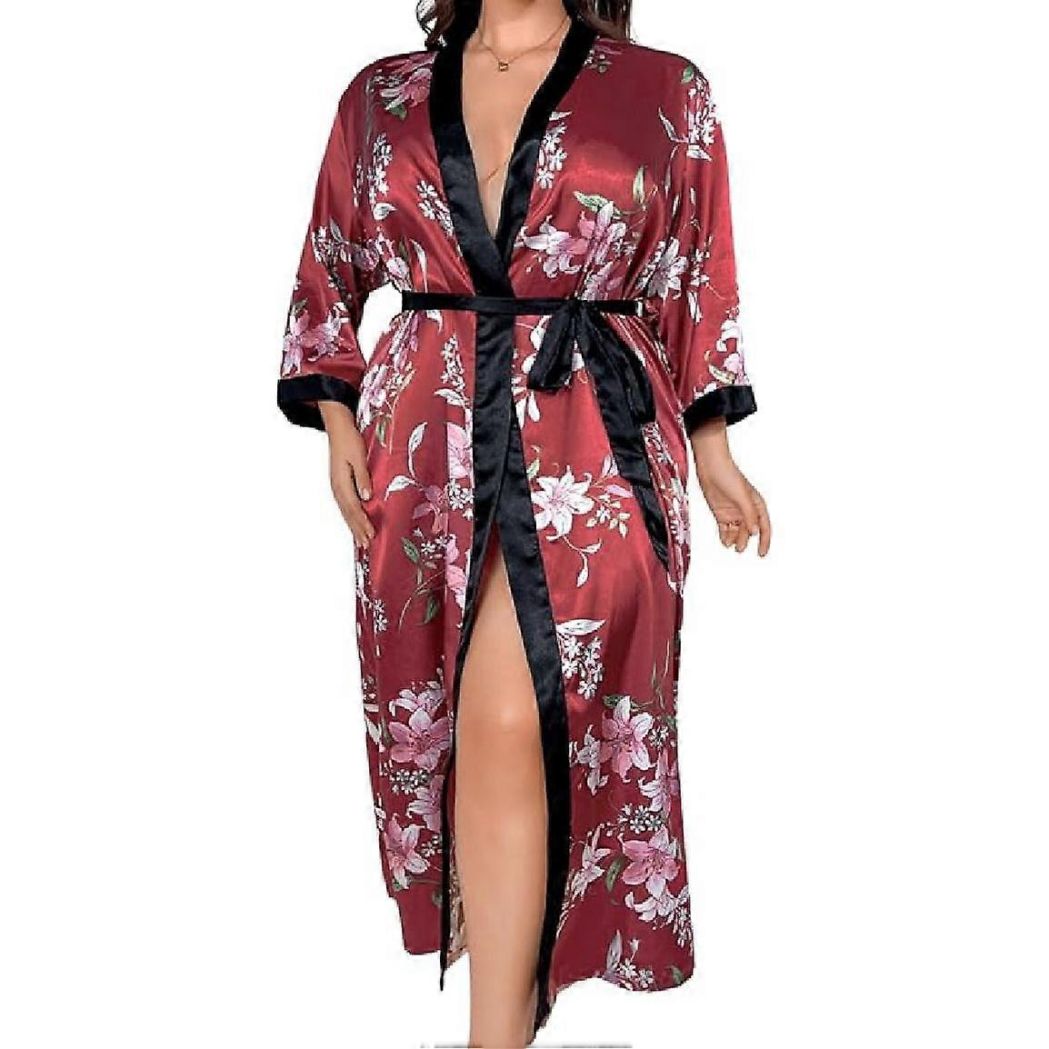 Women's Plus Size Valentines Robe, Sexy Satin Robe Long Sleepwear
