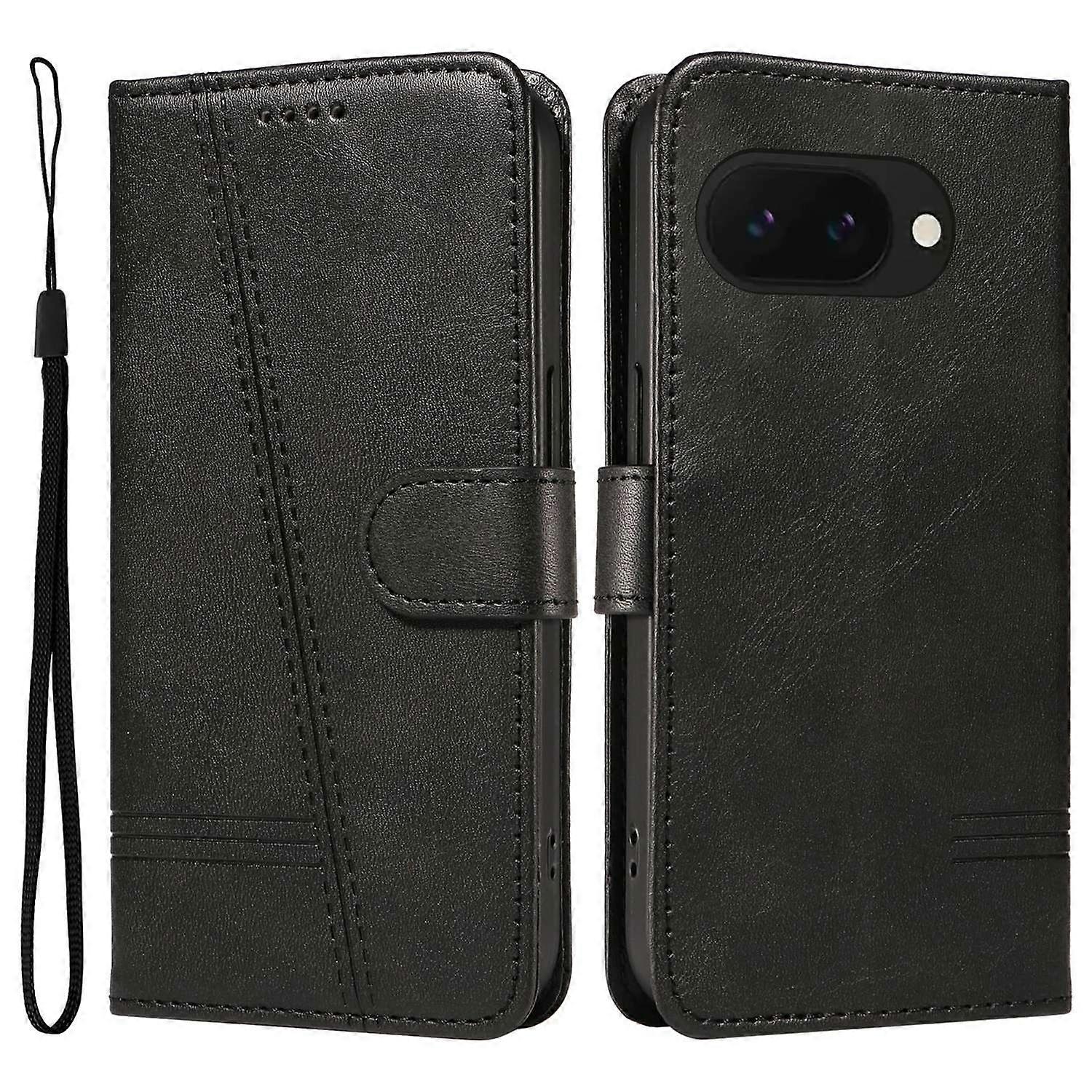 For Google Pixel 9a Case Flip Wallet T-Shape Lines Leather Phone Cover-Black