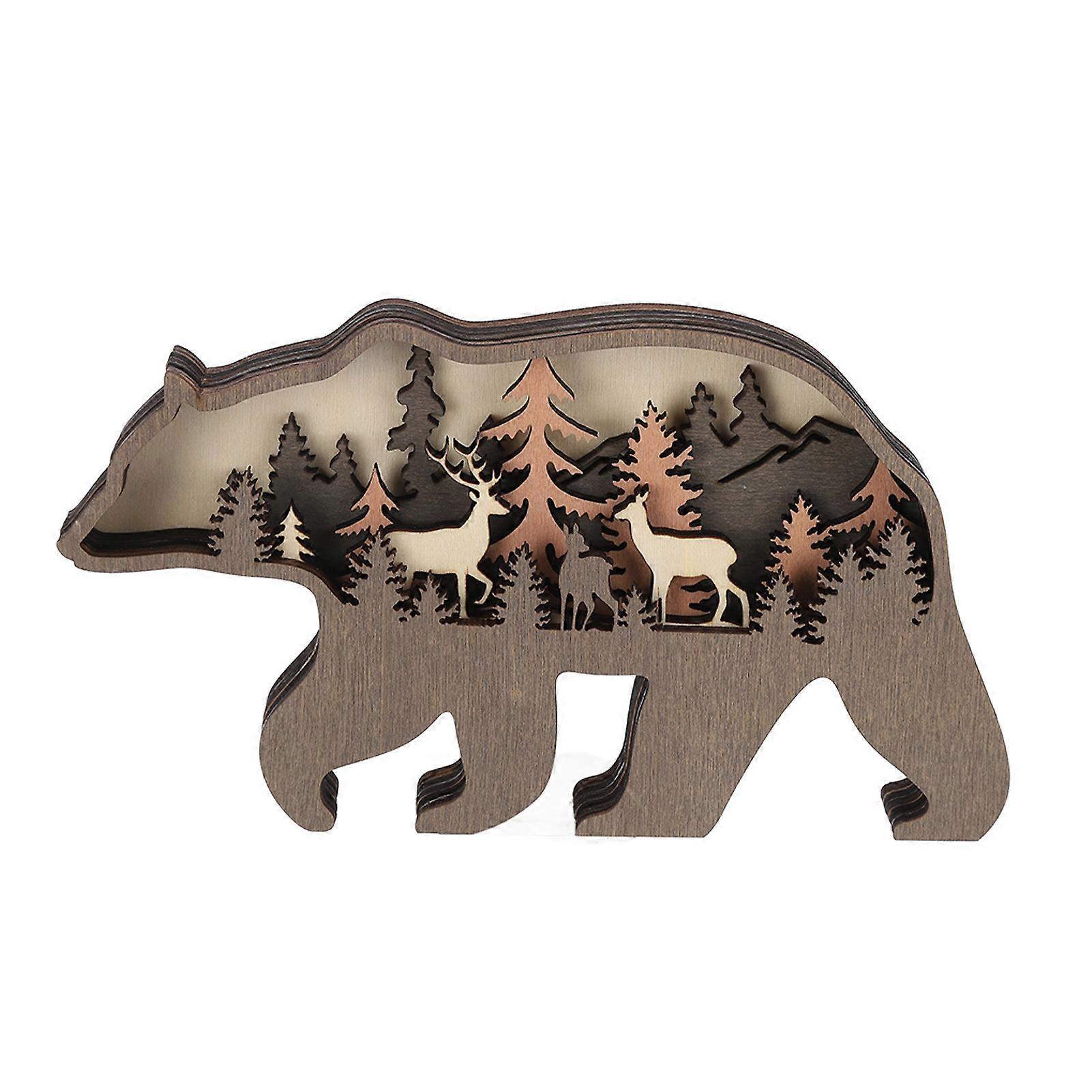 3D Wood Carving Animal Wall Art Bear Multi-Layered Forest Design Home Decor Handmade Rustic Wooden Craft
