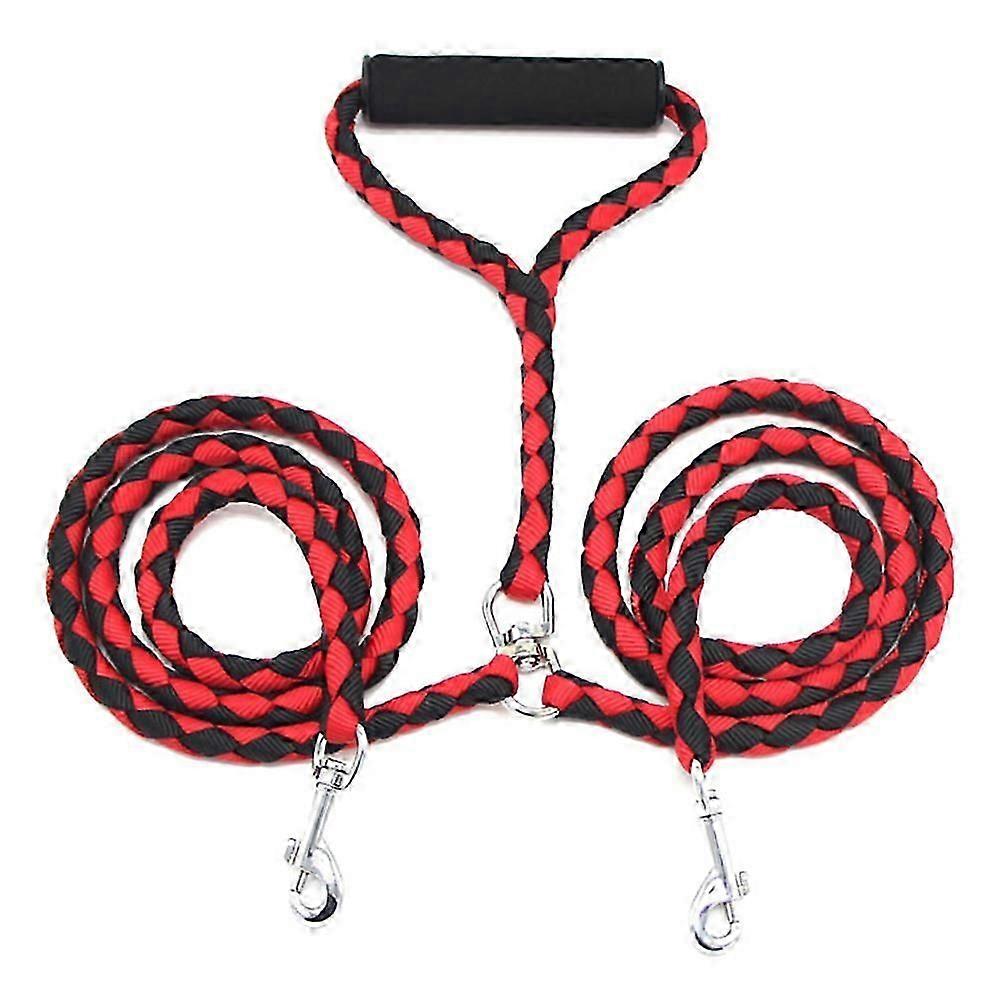 Dual Double Dog Leash No with Handle for Two Small/Medium Dogs (Red with Black)