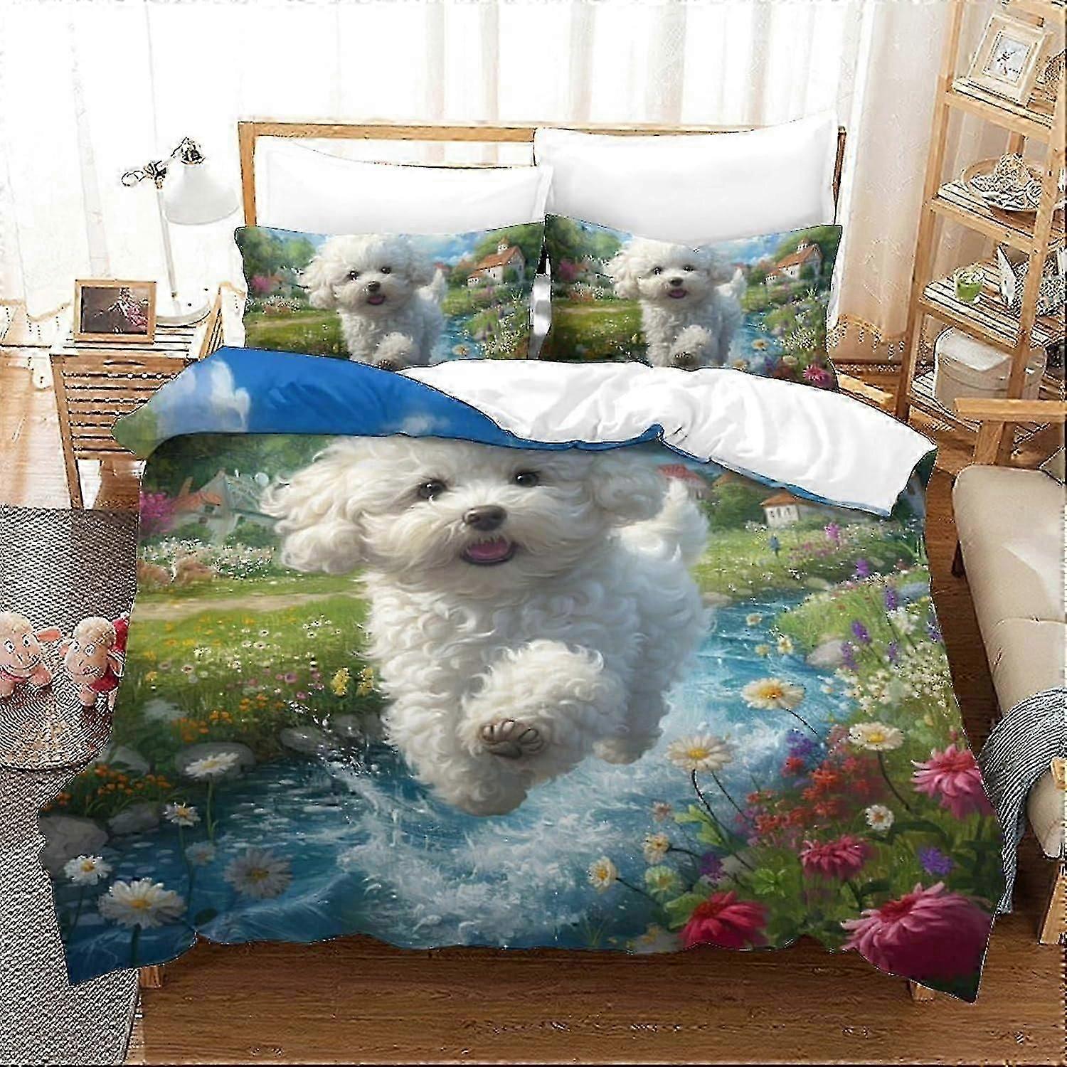 J2865 Lençóis de Cama Cão Impresso em 3D Capa de Colcha 3 Peças Conjunto de Cama de Quarto Macio Fácil de Cuidar com Fecho de ZíperFronhas para Adolescentes e Adultos Cama Sh