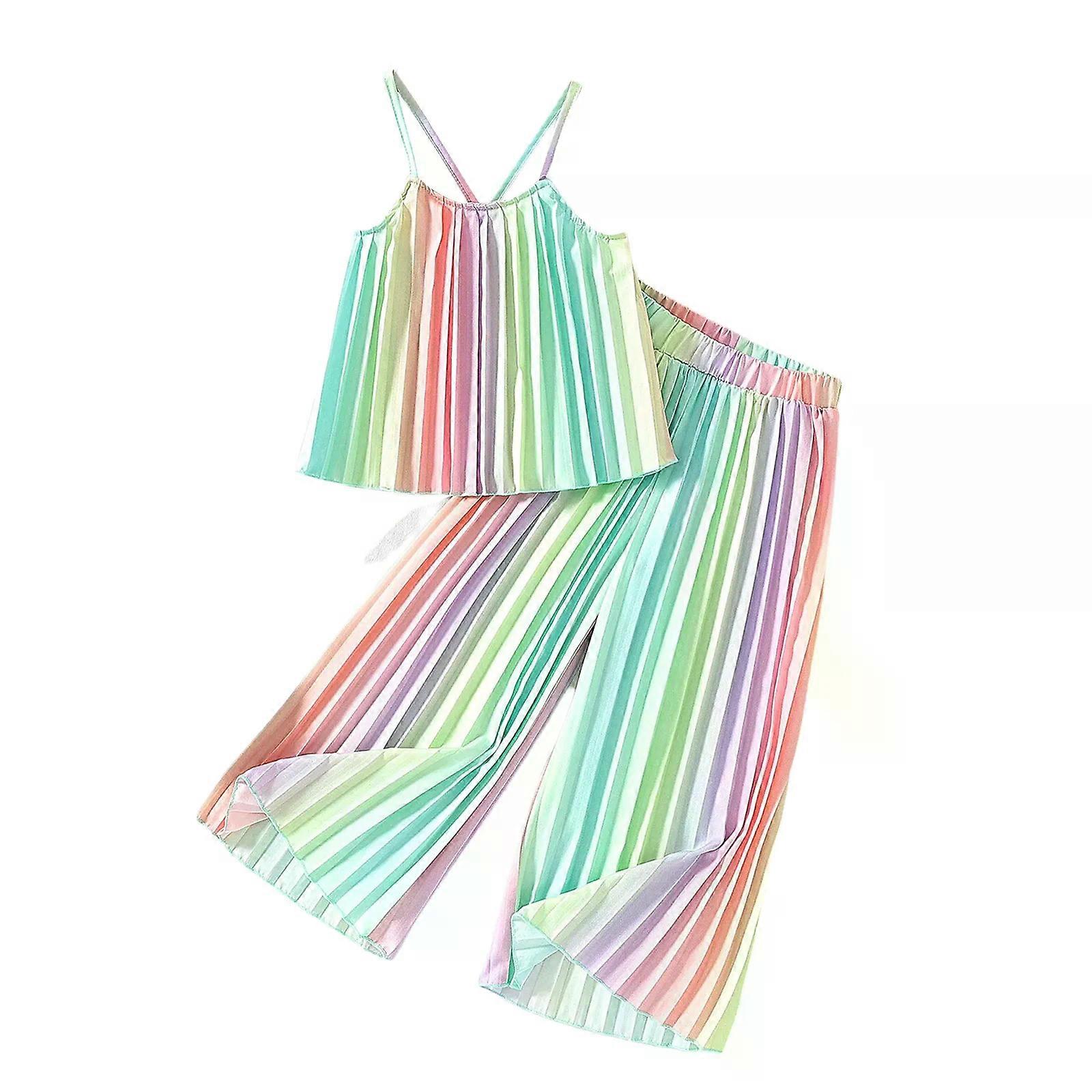 Barn Småbarn Flickor 2 stycken Boho Kläder Plisserad Spaghetti Strap Camisoles med elastiskt midjeband Byxor Sommarsemester Kläder