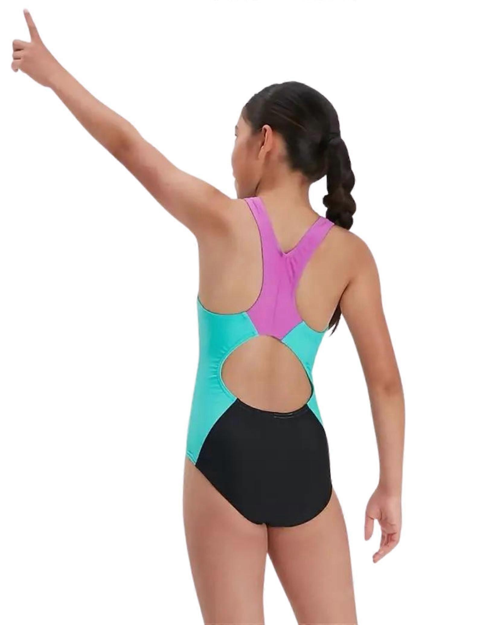 Speedo Girls 拼色 Spiritback 泳衣 - 黑色/蓝色