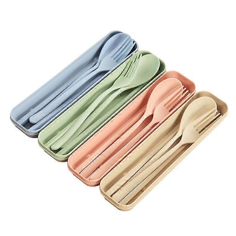 Camping Cutlery 2 Sets Portable Plastic Utensils For Travel, Reusable Spoon And Fork Set, Lunch Box, Beige And Green