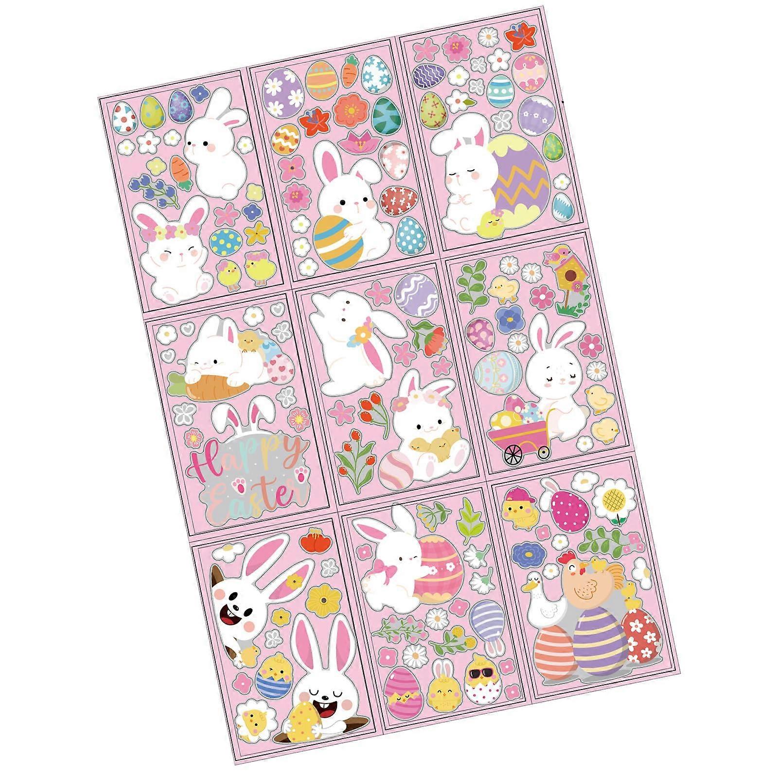 Easter Window Stickers Double-Sided with Bunnies Eggs Chicks, 9 Sheets for Spring Party Decor