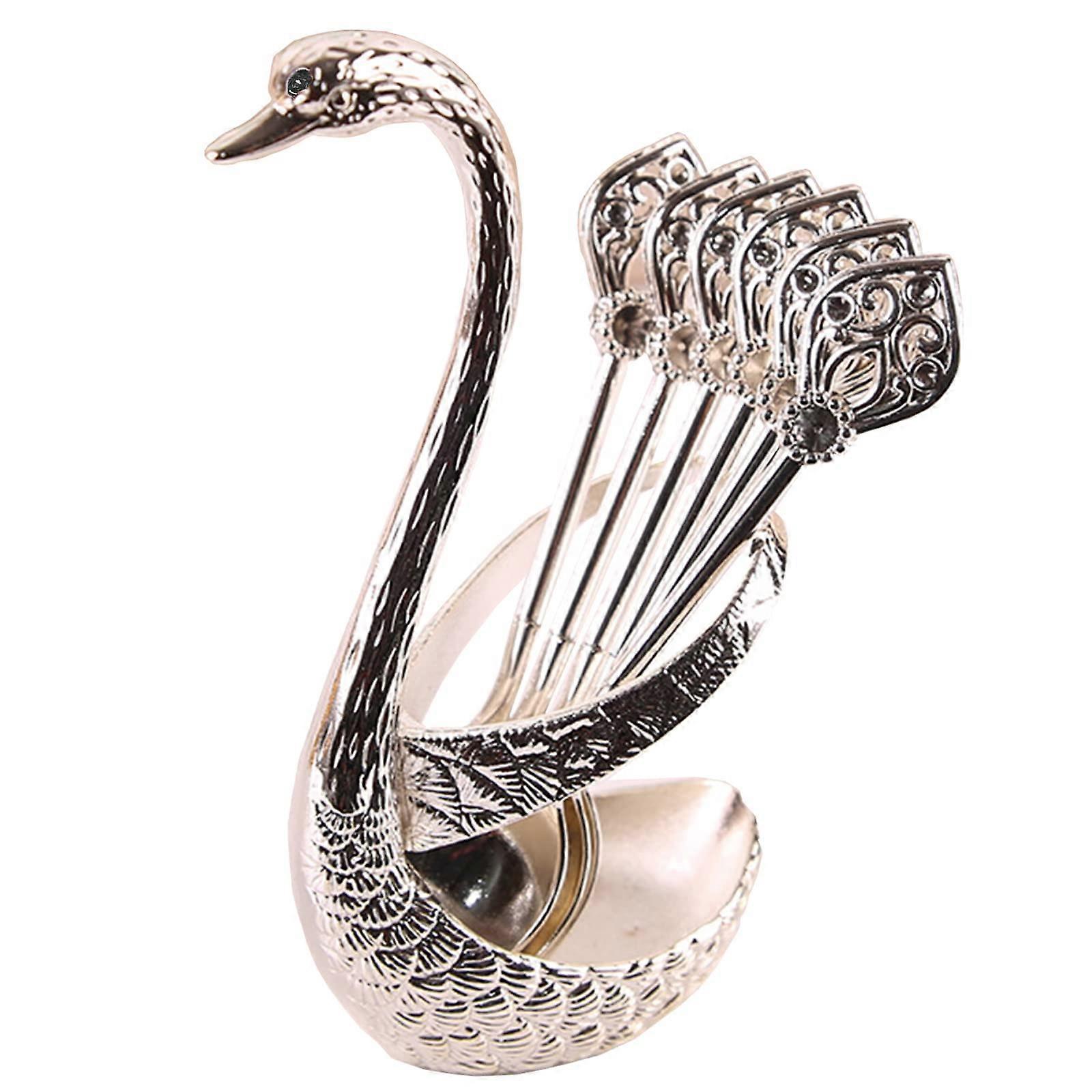 6 Piece Coffee Dessert Spoon Set, Swan Shape Spoon Set, Spoon Organiser (Silver)