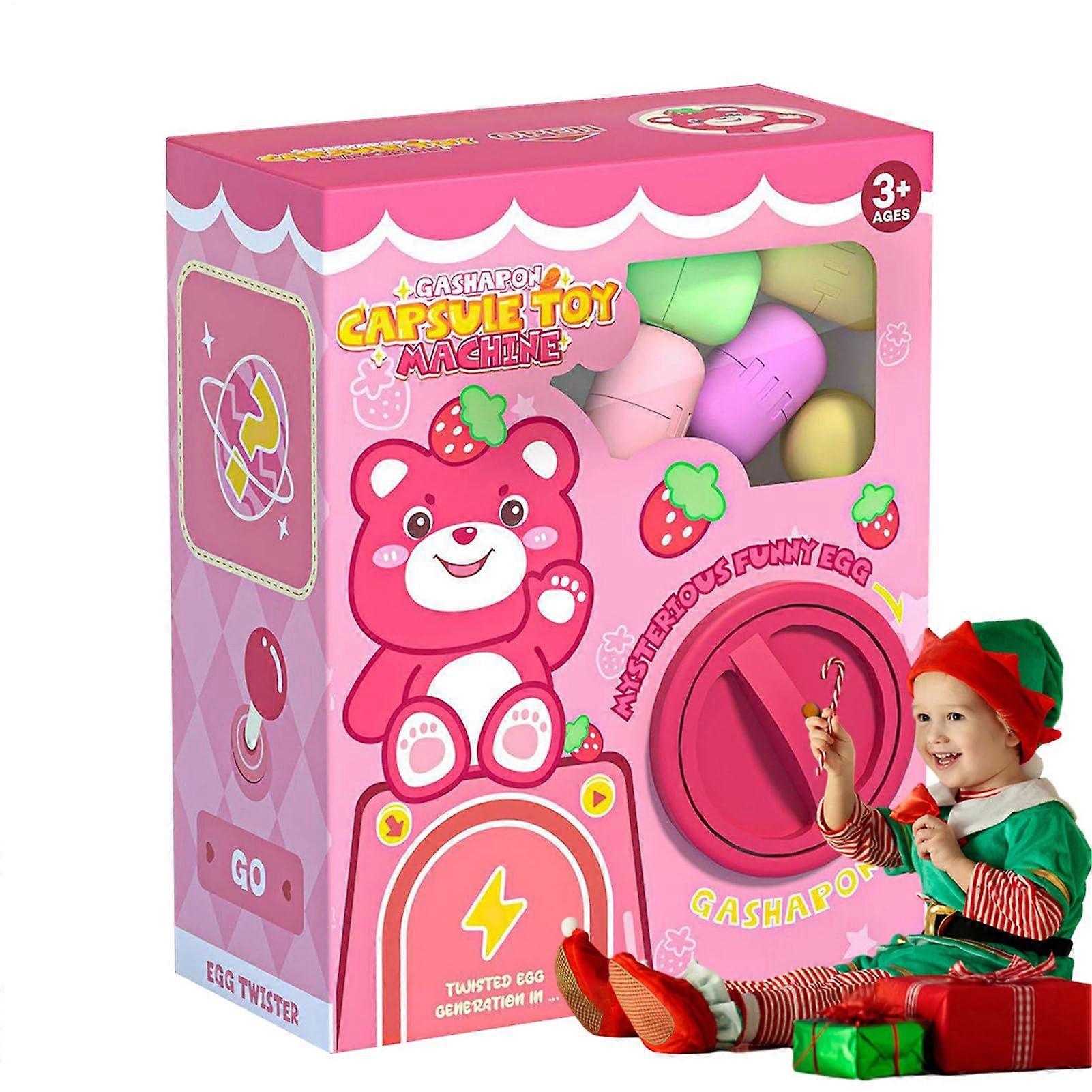 Gashapon Mini Vending Machine for Toddlers, Capsule Toy Dispenser with Plush Toys, Snacks, and Strawberry Bear Design
