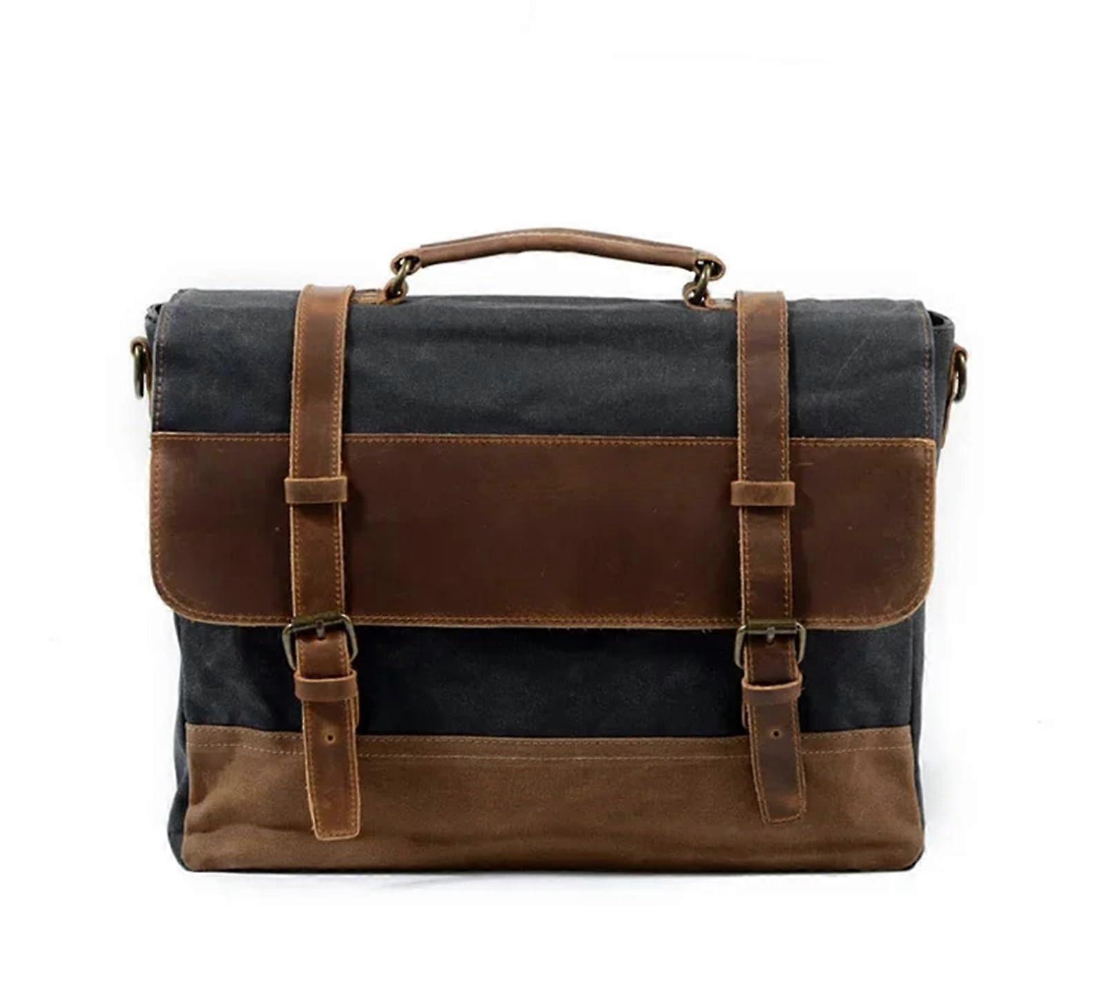 Wasserdichte Aktentasche aus Ölwachs-Canvas mit Leder, Retro-Business-Umhängetasche für Herren, Umhängetasche, tragbare Patchwork-Tasche (Dunkelgrau)