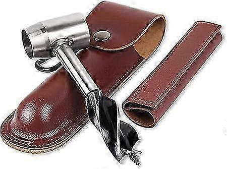 Woodworking hand drill, manual survival drill with box, multi-function spiral drill bit, survival tool wrench (brown)