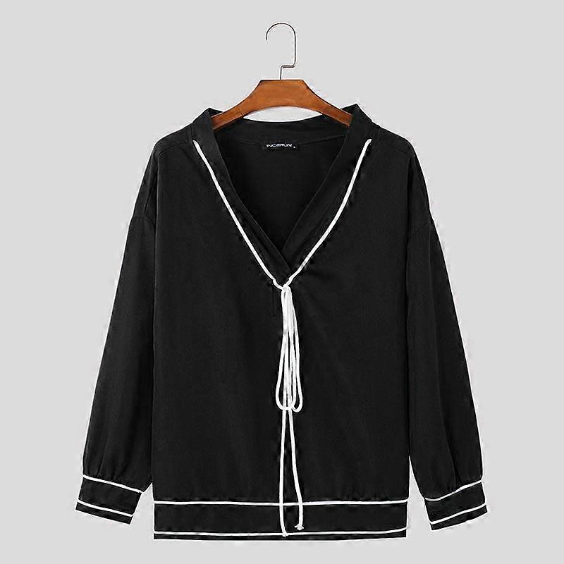 INCERUN Oversized Men V Neck Long Sleeve Drawstring T-shirts Casual Tops