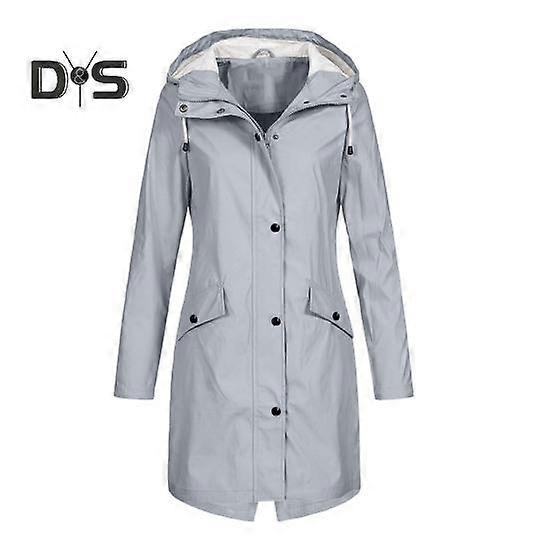 Women Autumn Winter Solid Color Rain Jacket Hooded Long Sleeve Buttons Zipper Placket Pockets Design Windproof Long Coat