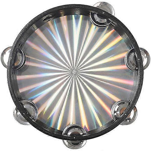 Tambourine Handbell Double Rows Jingles Reflective Drum Head Percussion Instrument (1st, Black)