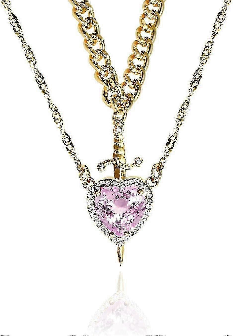 Heart and Sword Couples Necklace Gold Stainless Steel Pink Heart Zirconia Chain Trendy Matching Sword Through Heart