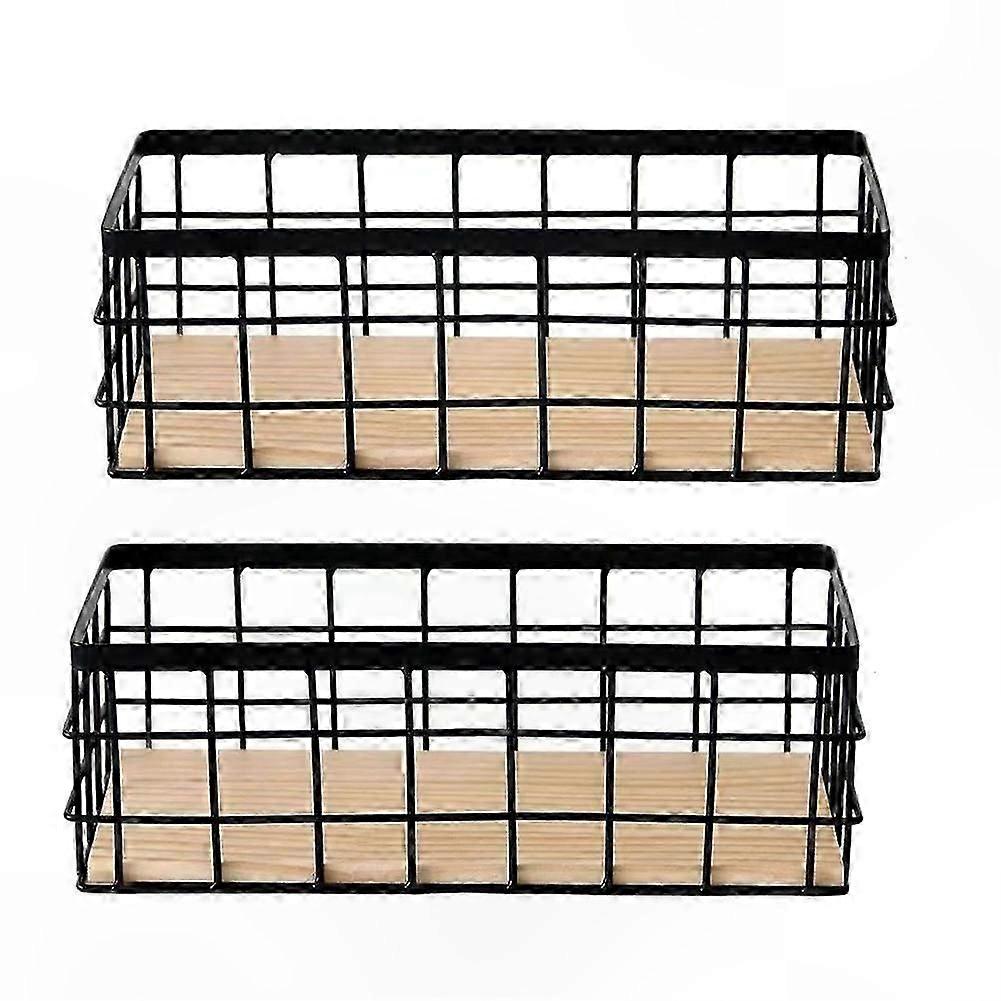 Set of 2 Metal Wire Baskets with Wooden Base for Home Organization and Decoration Storage Solutions