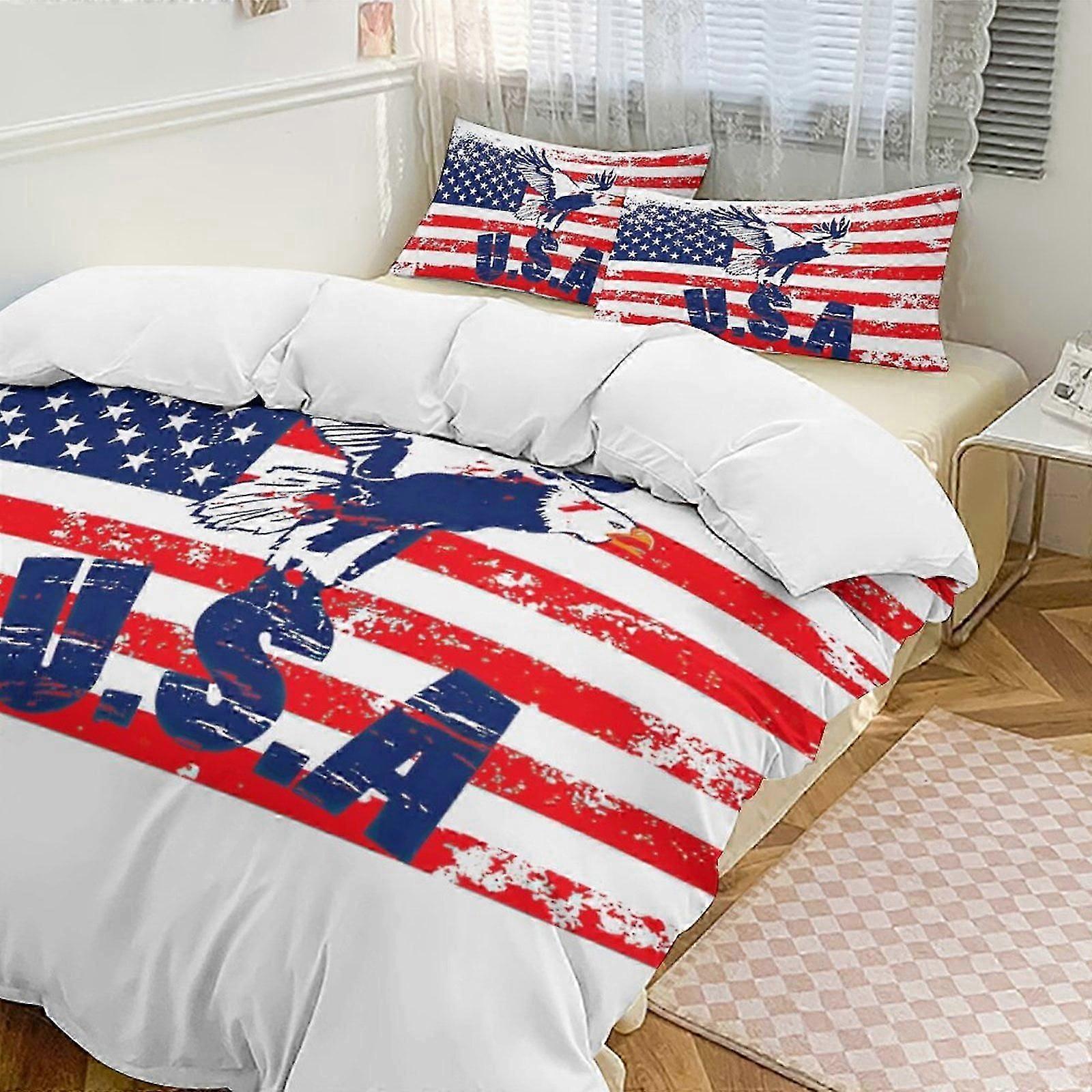 v594 Conjunto de Cama Twin de 3 Peças com Bandeira Americana Microfibra Resistente ao Desbotamento io594