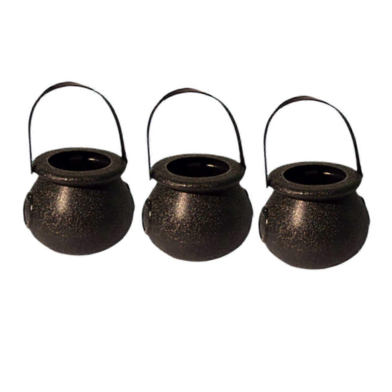 3 Halloween candy buckets, small portable cans with handle, for trick or party favors.