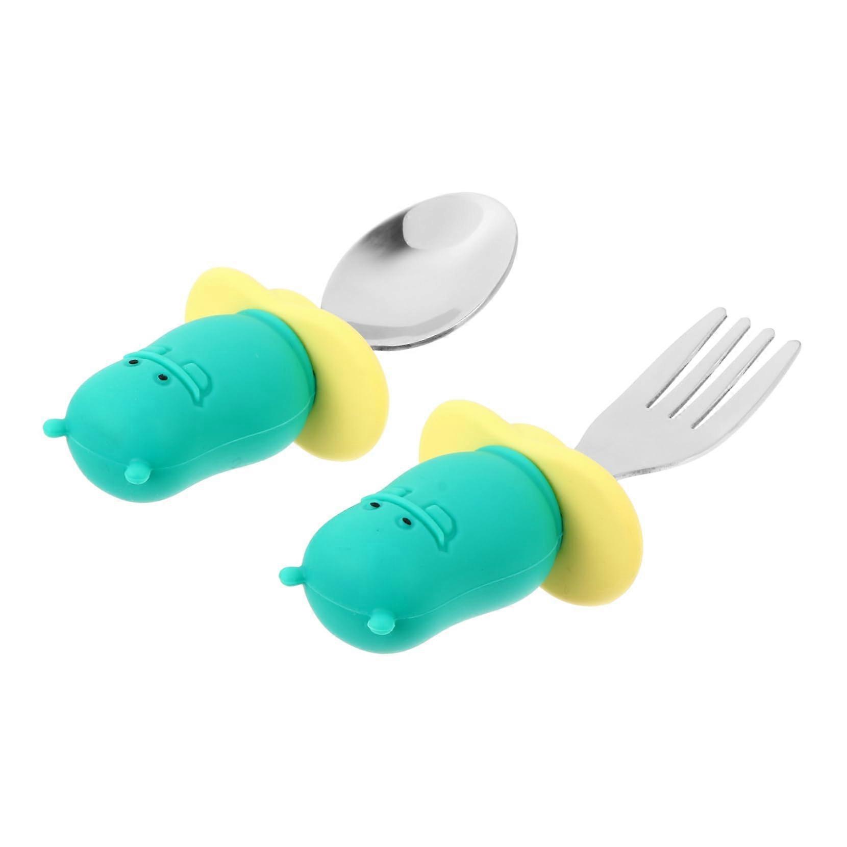 Training Spoon And Fork Set For Stainless Steel Utensils With Non Slip Handles Safe For Learning To Eat Green