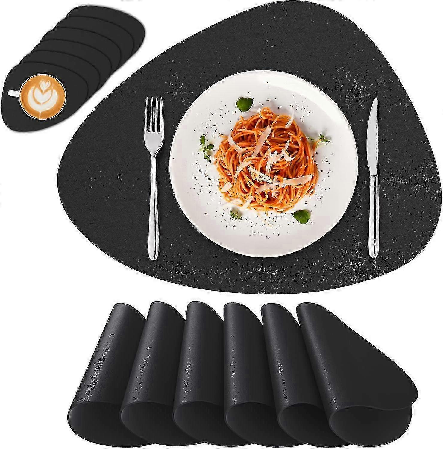 Black PU Leather Placemats Set of 6 with 4 Coasters - Non-Slip Heat Resistant Table Mats for Dining Table Decor