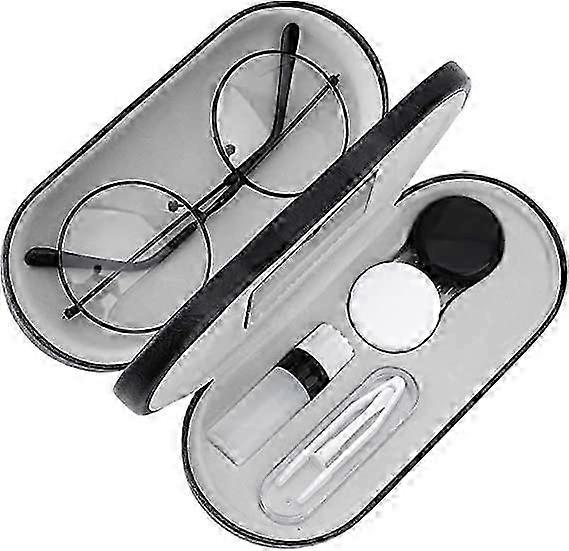 Dual Lens Case, Contact Lens Case with Mirror Tweezers Remover, 2 in 1 Double Sided Portable Contact Lens Case Case black