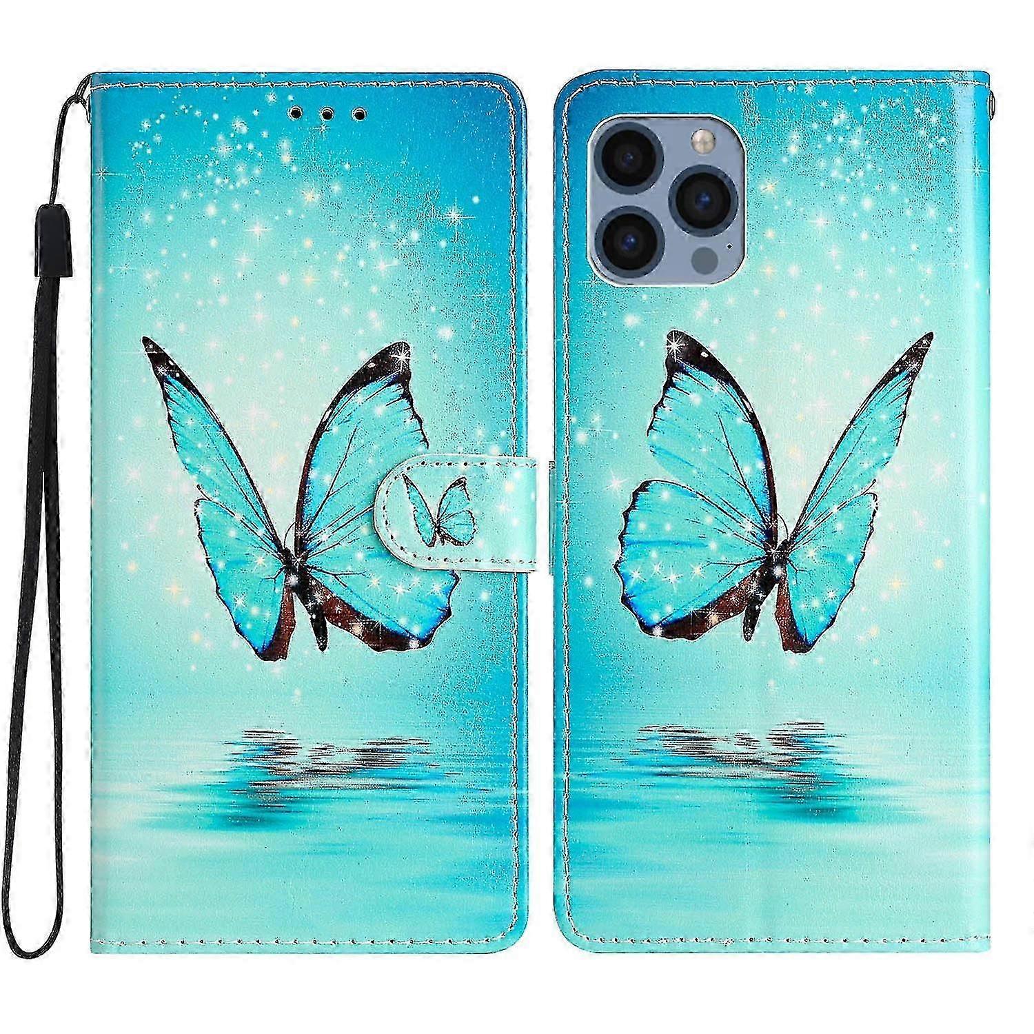 For Iphone 15 Pro Stand Phone Case Pattern Printing Pu Leather Wallet Cover With Strap