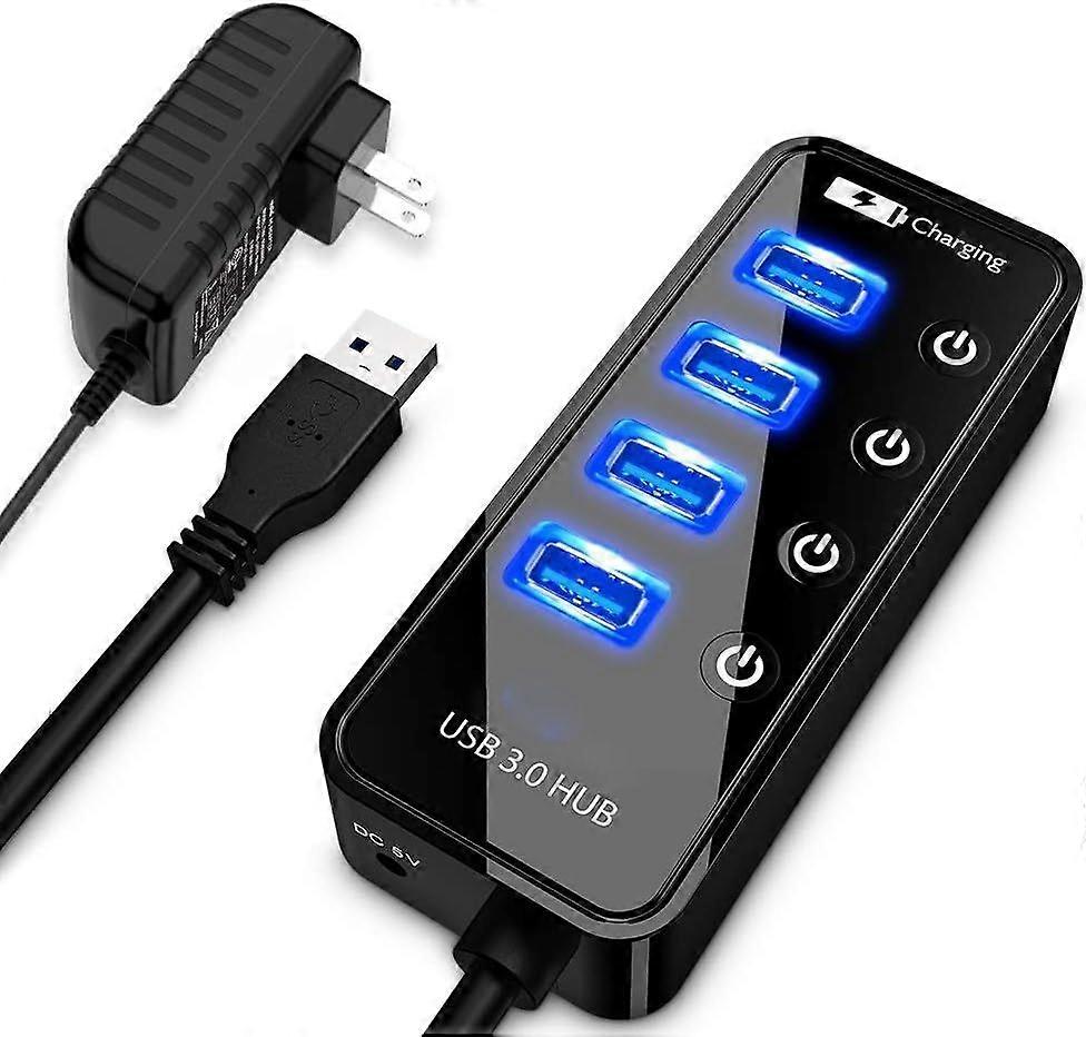 4-Port USB 3.0 Hub with 4 Data Ports, 1 Smart Charging Port, Individual Switches and 5V/3A Adapter(Black)
