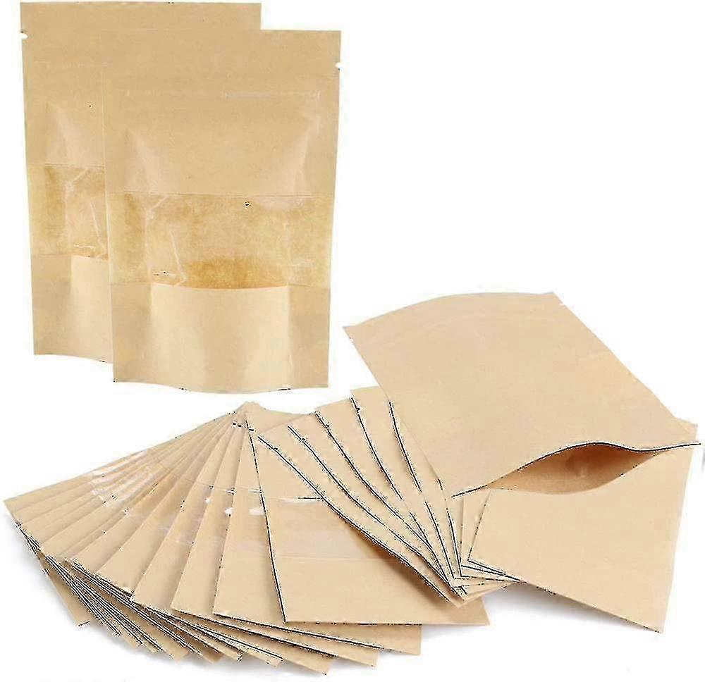 50pcs Kraft Paper Bags Self-sealing Stand Up Pouch Kraft Zip Lock Stand Up Bags With Window 5.5x3.5 Inch-hyj