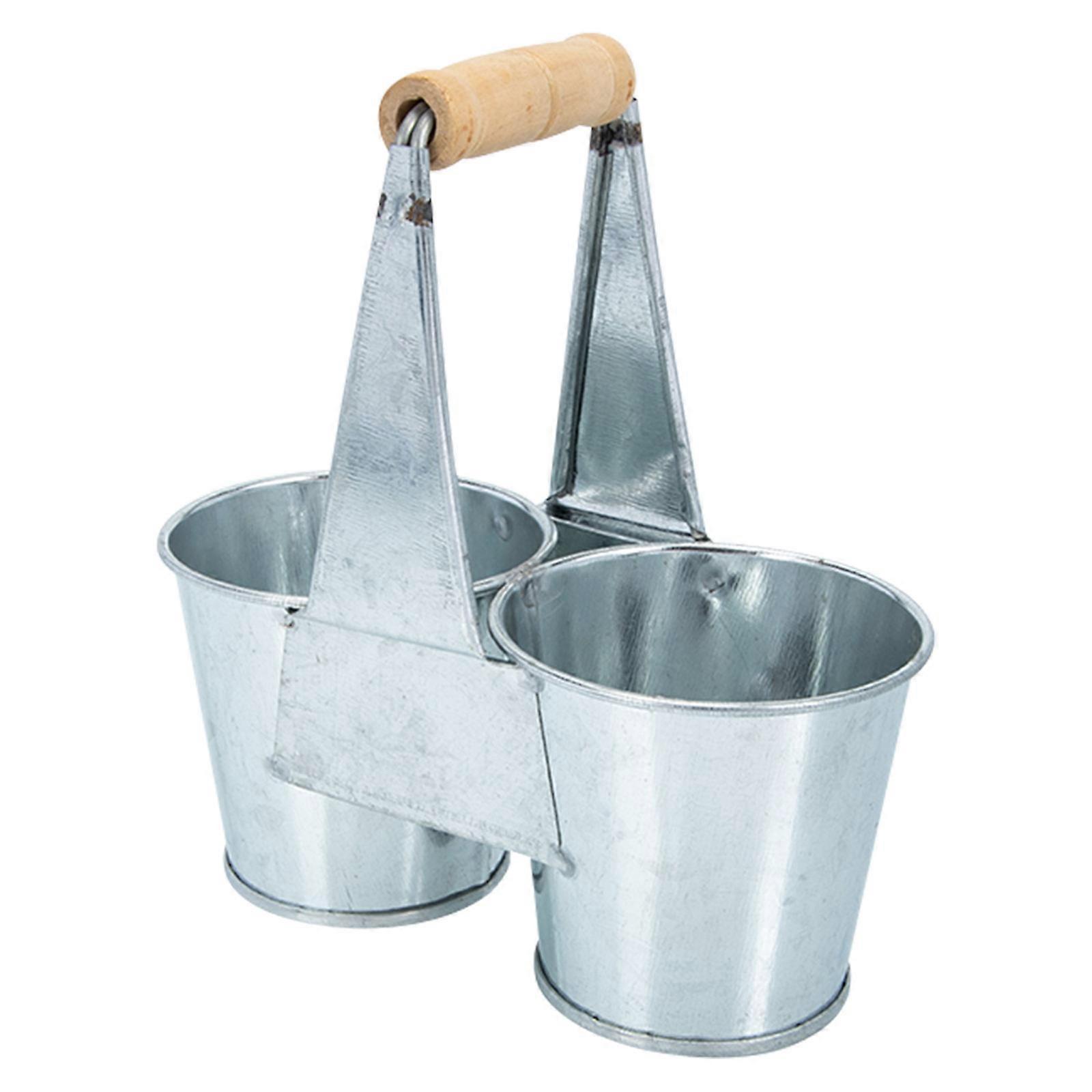 Double Compartment Metal Flower Pot with Wood Handle for Home Use 5Pcs