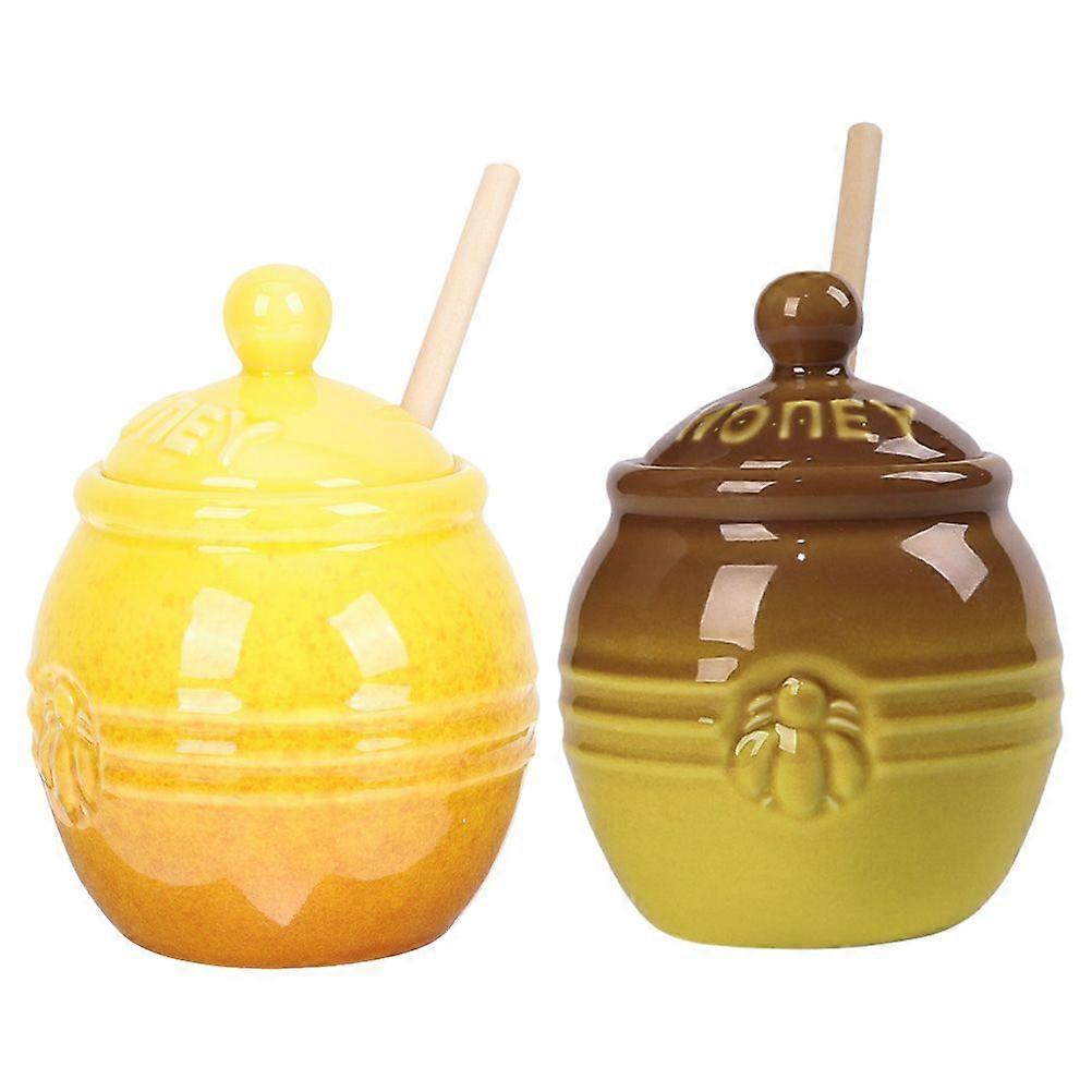 2 Set of Honey Holder Jar Lidded Honey Pot with Stirring Rod Ceramic Storage Honey Canister Jar