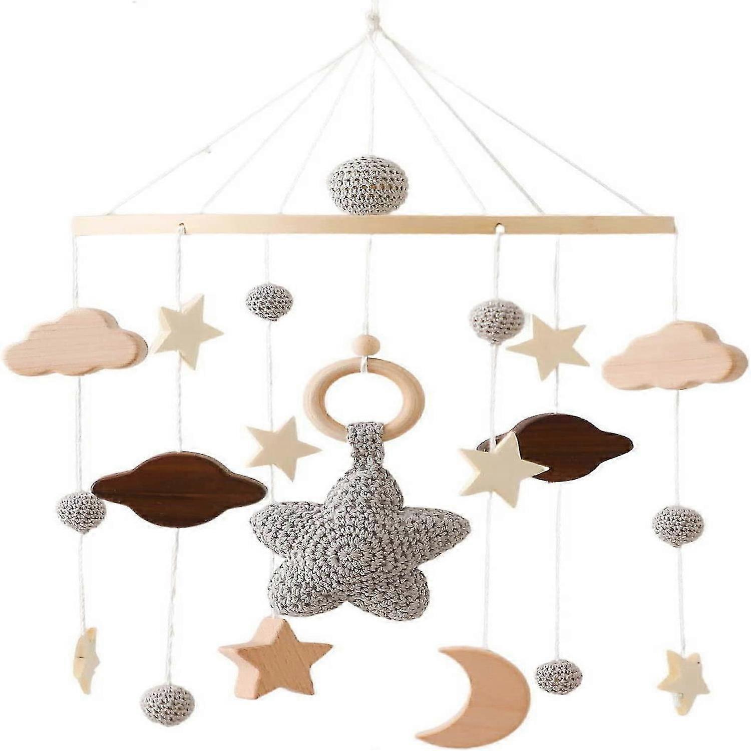 Mobile Baby Wood with Felt Balls and Clouds Ornament Nursery Hangingwhite