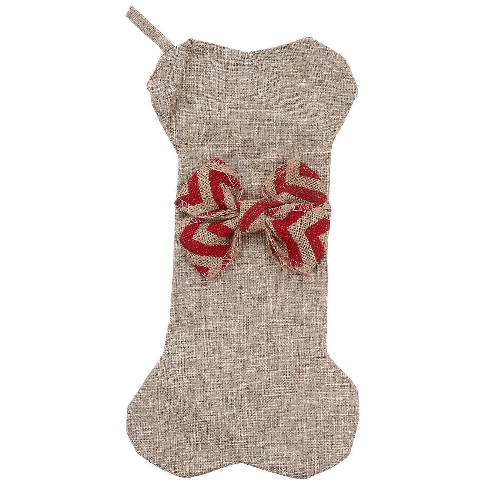 Christmas Stocking Burlap Decoration Pets Bone Shape Bow Hanging 2Pcs