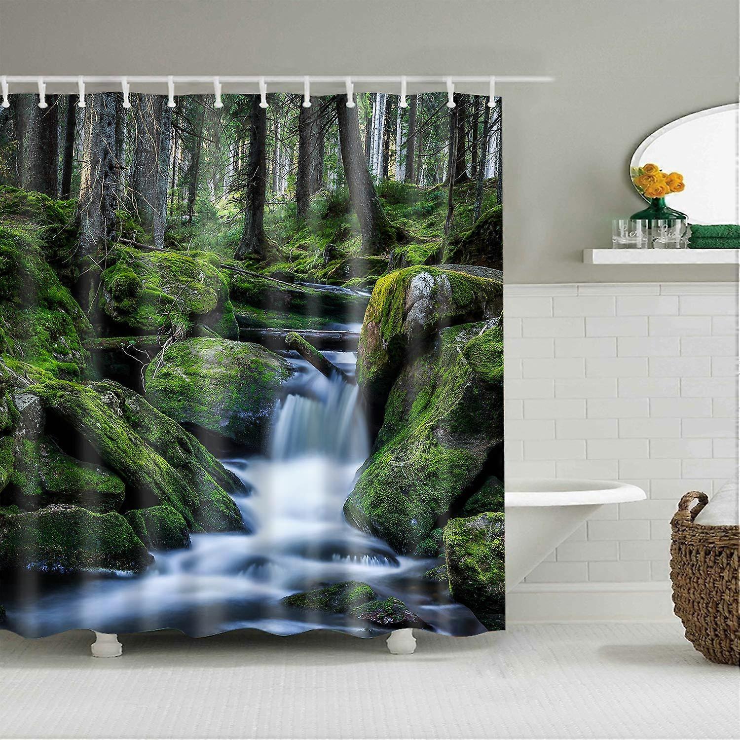 Waterproof 180x180 Polyester Shower Curtain Stream3, 12 Hooks, Landscape Print, AntiMould, Machine Washable
