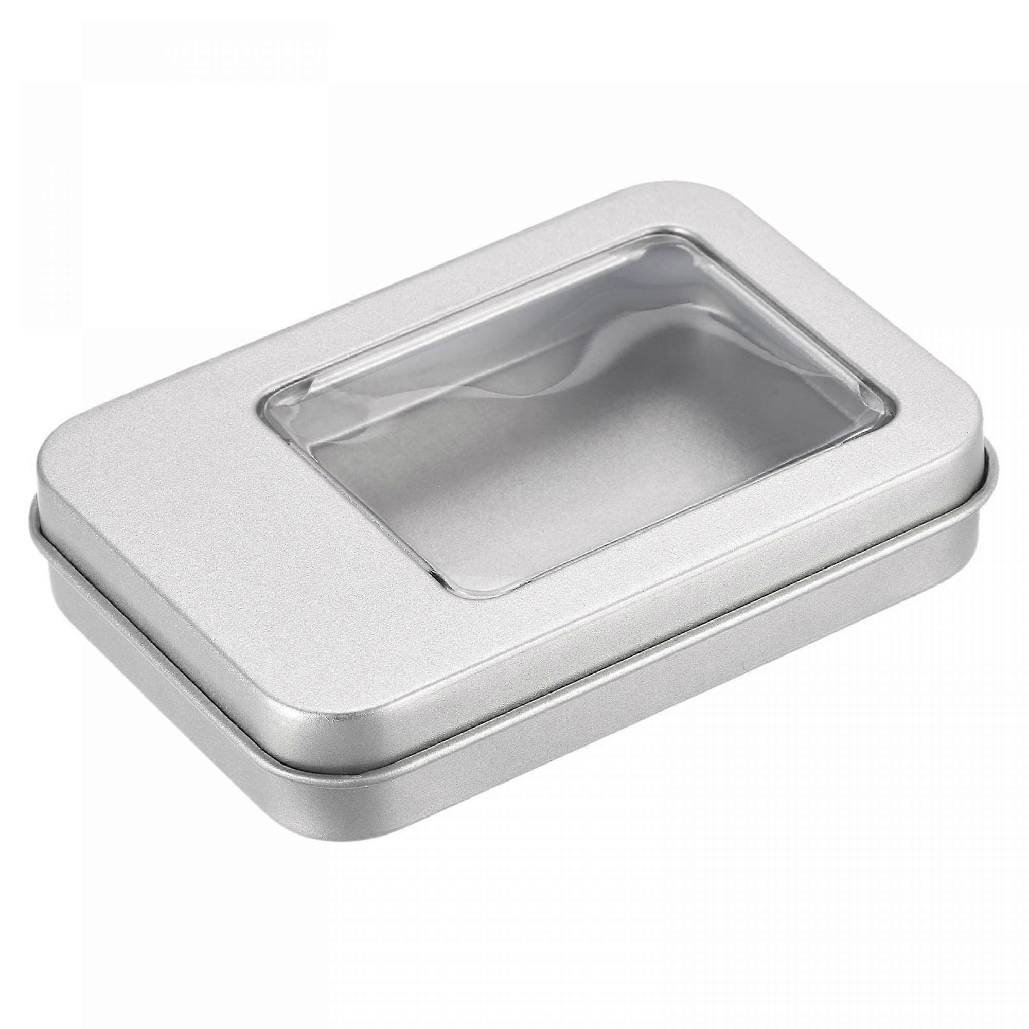 Metal Tin Box 2Pcs 3.43 X 2.36 X 0.71 In Rectangular Empty Tinplate Storage Containers With Clear Window Lids Silver Tone