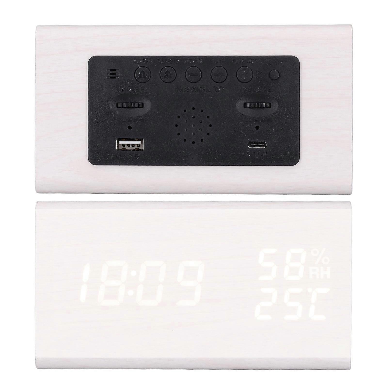 LED Digital Alarm Clock Multipurpose Wooden Clock with Voice Control Humidity Temperature Week Time Display White Wood 