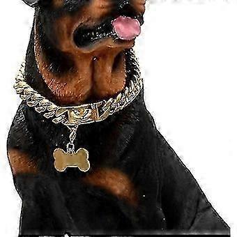 Gold Dog Chain Choke Collar,solid Cuban Link Strong, Heavy Duty Chew Resistant With Design Secure Buckle And Blank B Shape Id Tag