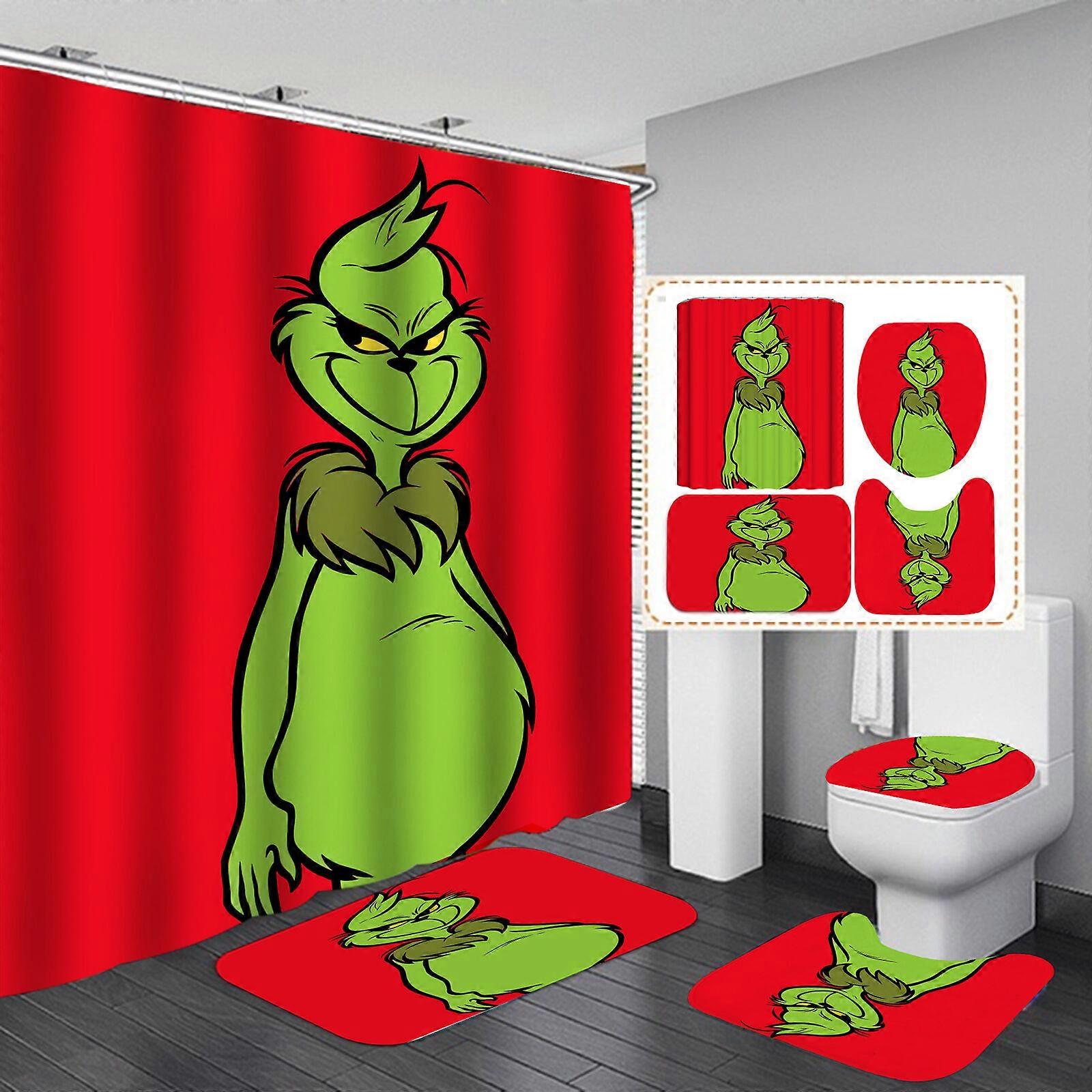 Duschvorhang-Set „Wie der Grinch Weihnachten gestohlen hat“ inklusive Badematten und WC-Deckelbezug