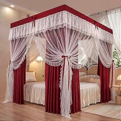 Bed Canopy Mosquito Net with Double Layer Curtains and Ruffle, 4 Openings for Girls Bedroom Decoration, Wine Queen