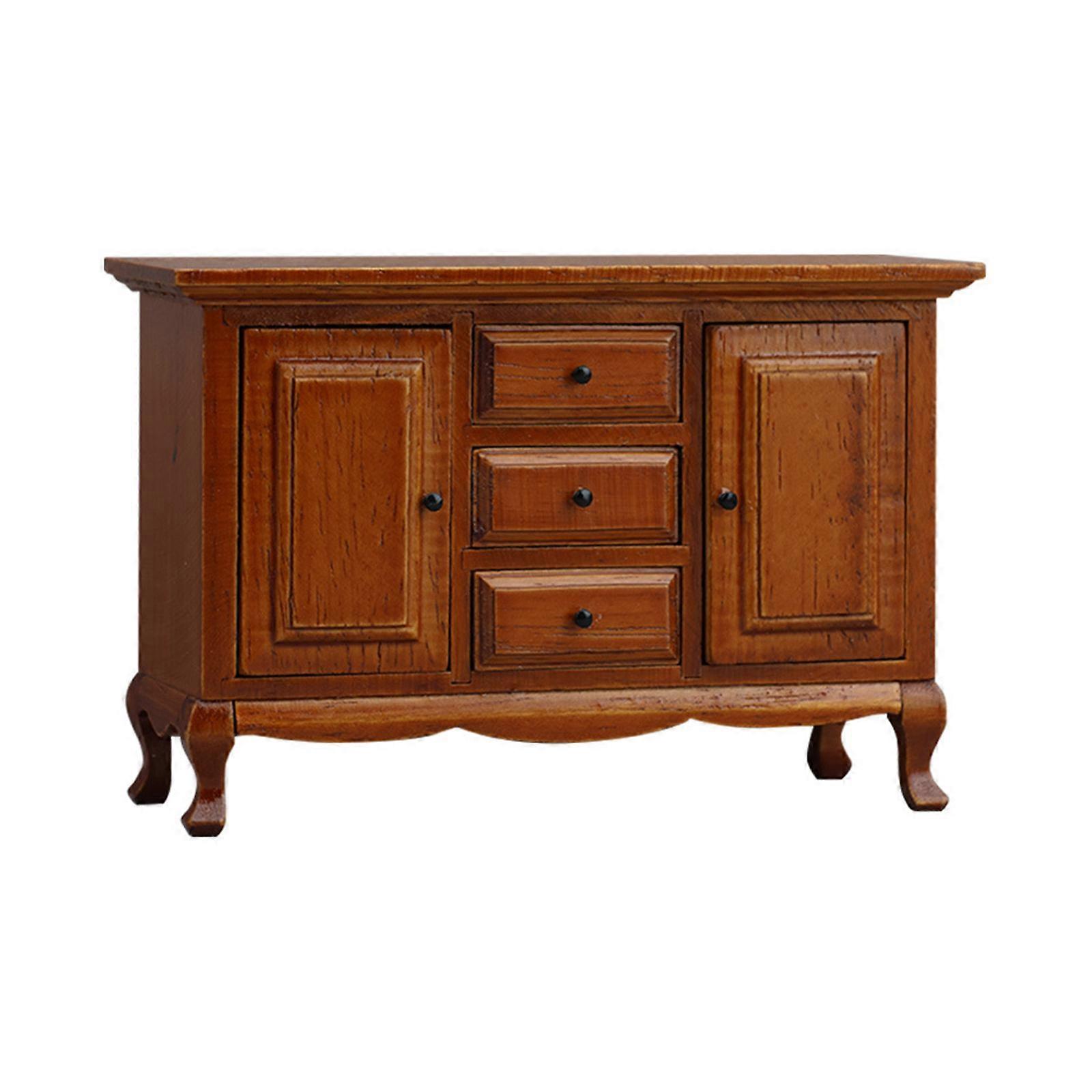 Miniature Oaken Storage Cabinet 1 12 Scale Model House Furniture Marron Finish Two Entrances Three Drawers Display Model Multicolor