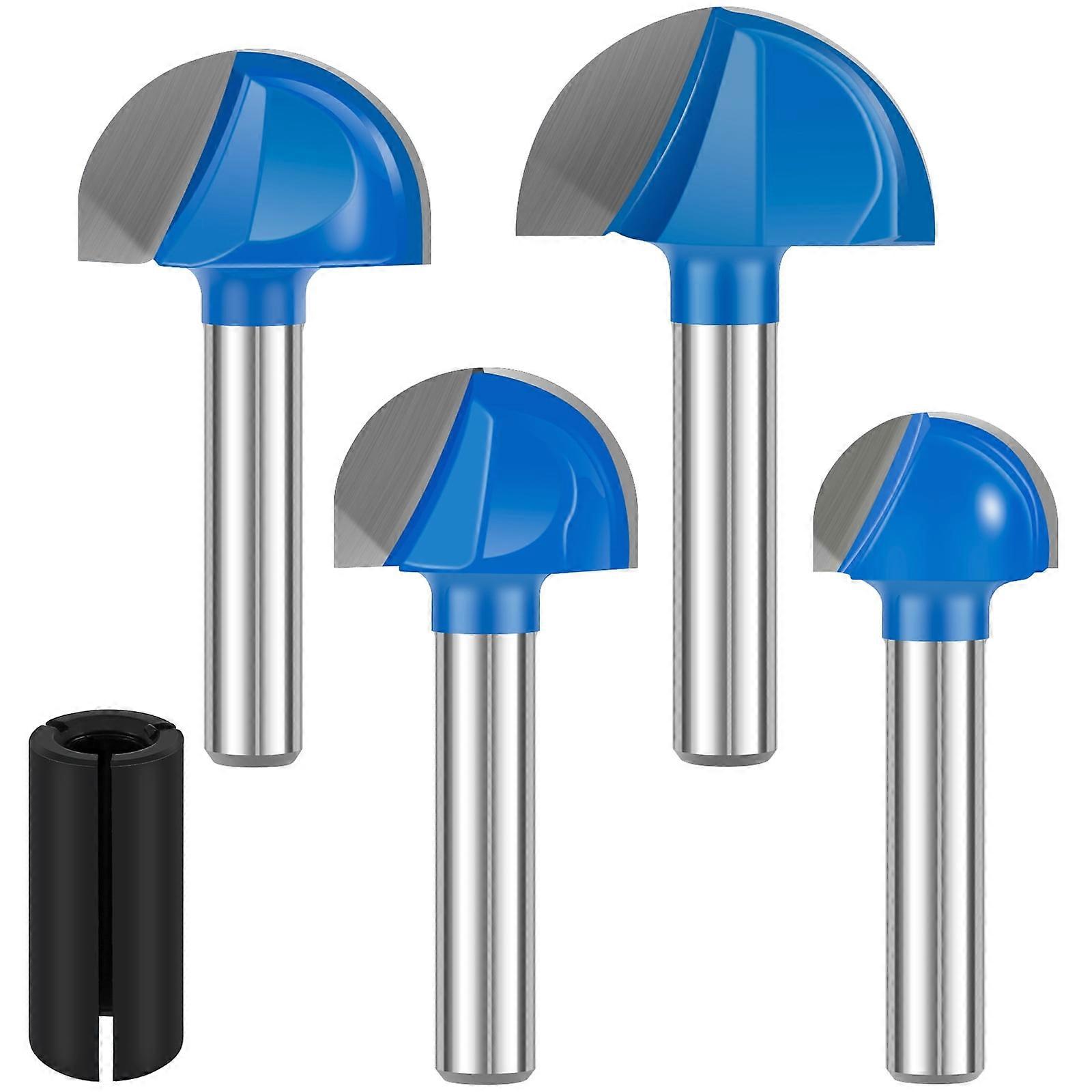Grusce 4Pcs 1/4" Shank Cove Box Cemented Router Bit Set, Carbide Round Nose 5/8" to 1", Wood Milling Cutter Tool