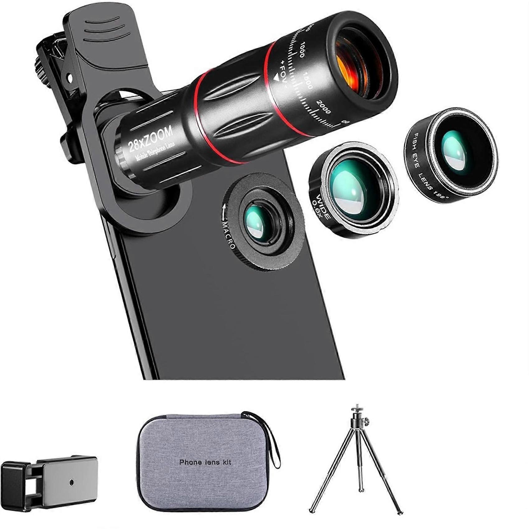 Phone Camera Lens Kit Upgraded Version Telephoto 28X Wide Angle 0.6X Macro 20X Fisheye 198° for Most Smartphones