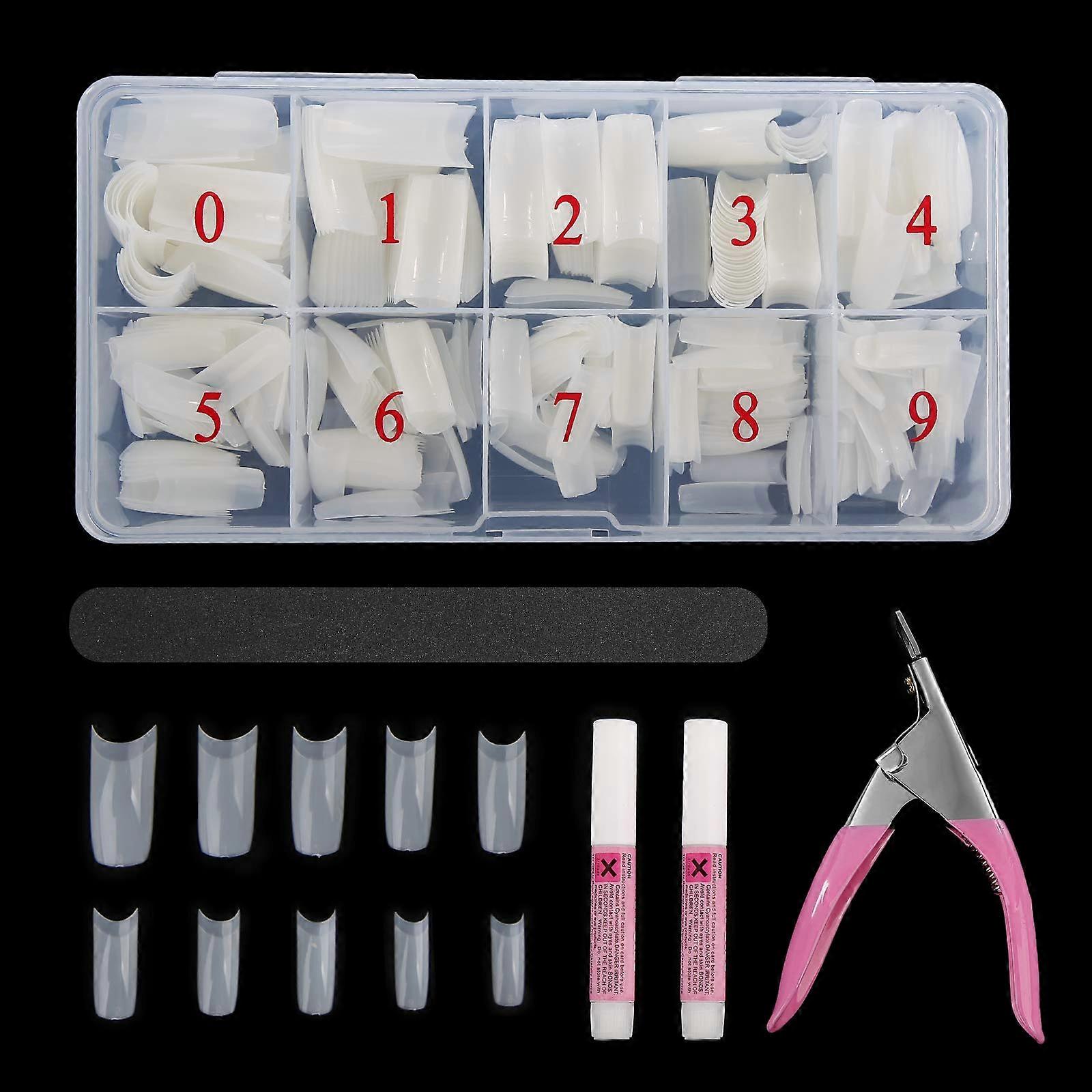Coffin Nail Tips Set 500 Pcs Acrylic Half Cover False Nails with Glue Files Clipper 10 Sizes