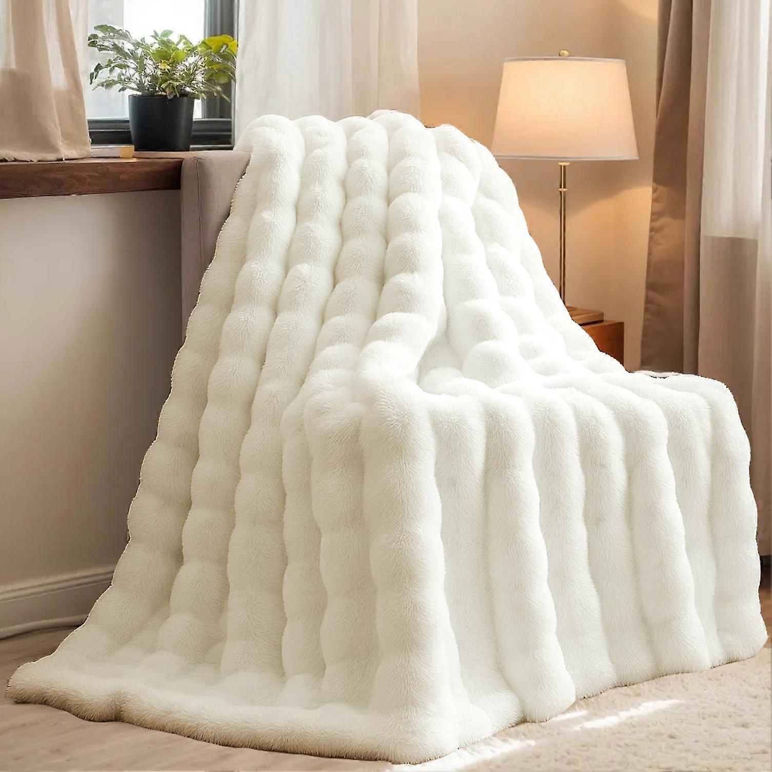 Faux Fur Throw Blanket Ivory 70'x80' with Luxurious Bubble Texture for Couch and Bed
