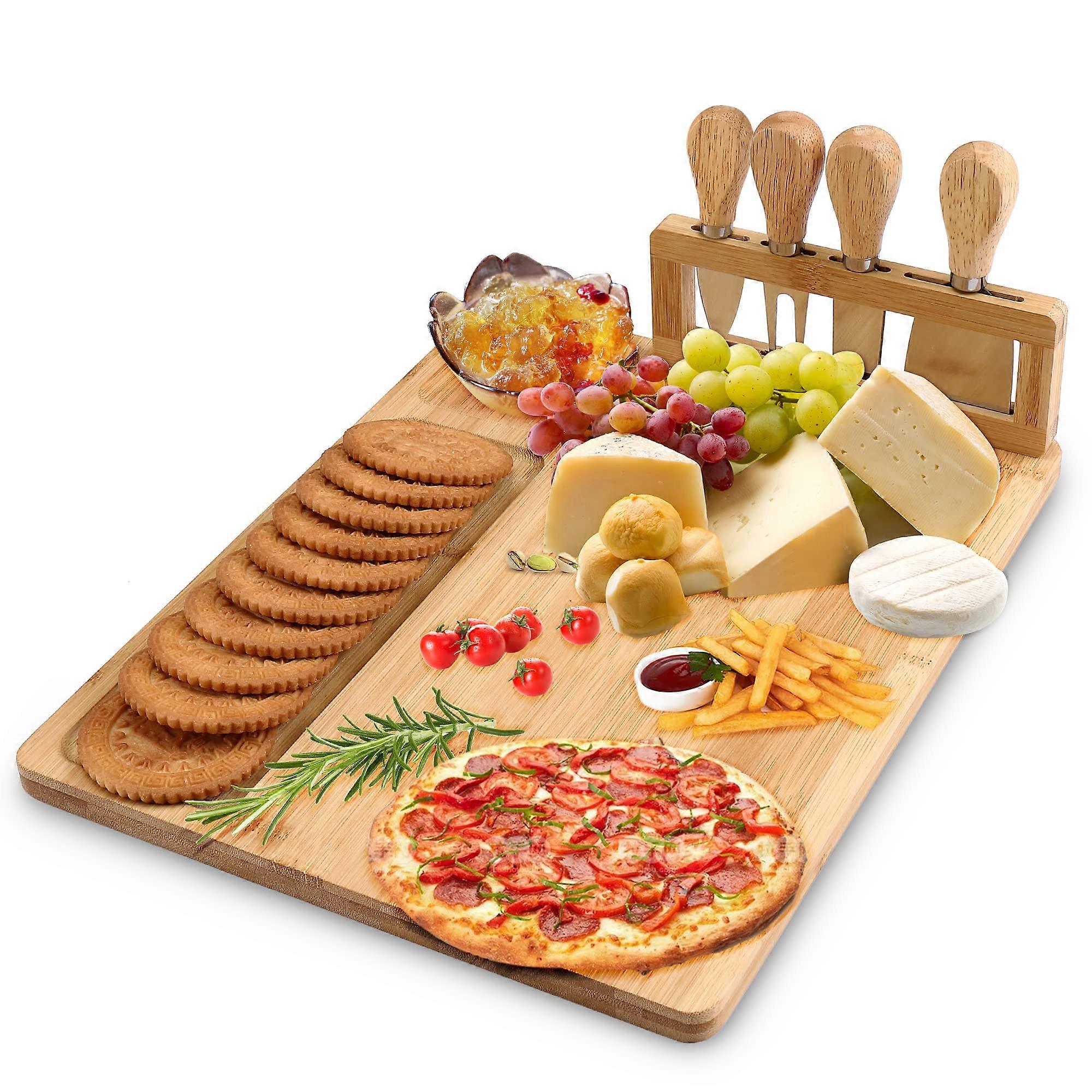 Bamboo Cheese Board Set with Knives, Large Charcuterie Serving Tray for Entertaining or Gift