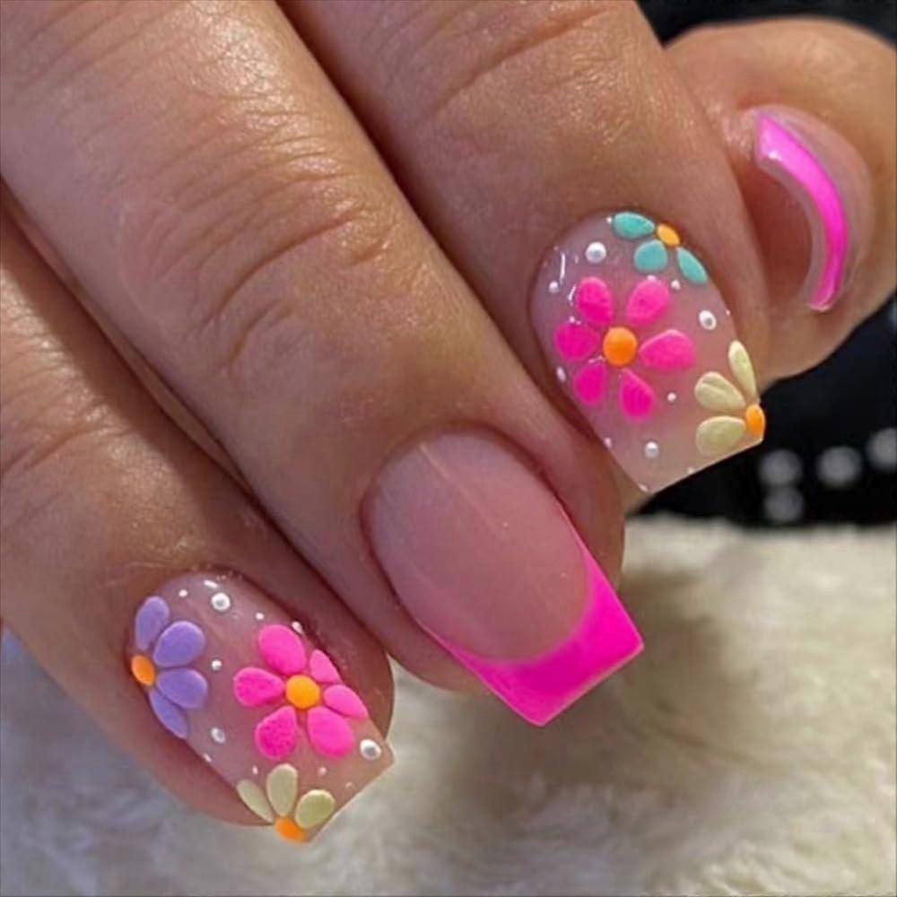 French Tip Press On Nails Medium Square Flower Design Glossy Nude False Nails with Adhesive
