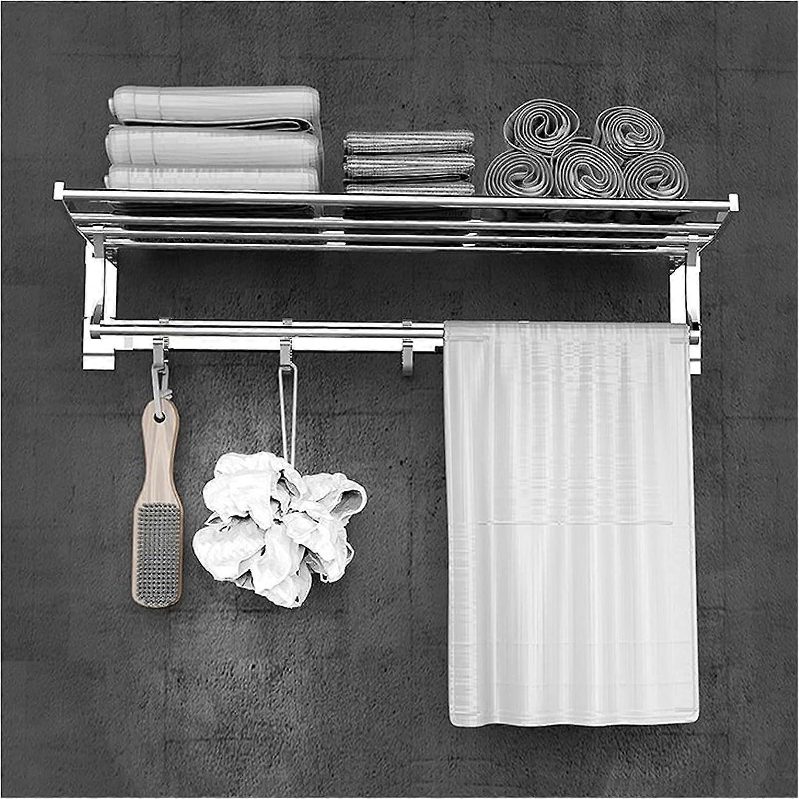 23 Inch Wall Mounted Bathroom Towel Rack with Shelf, Foldable DoubleLayer Storage and 5 Hooks