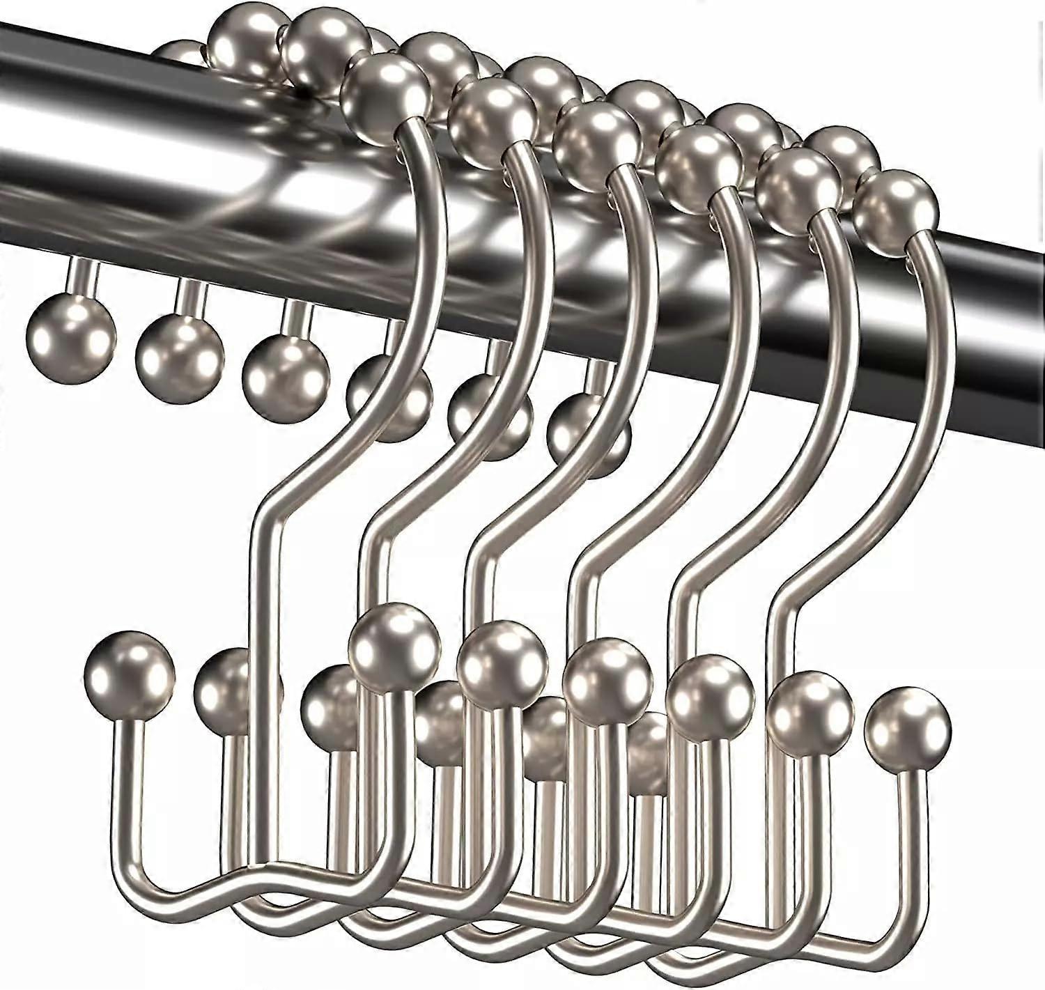 Rustproof Double Roller Shower Curtain Hooks 12 Pack, Polished Silver Metal Double Hook Rings