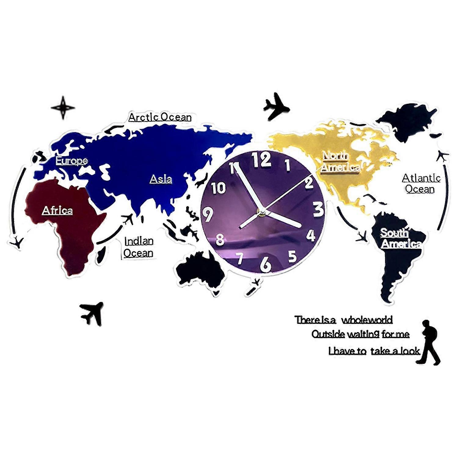 Large Decorative Wall Clock Sticker Frameless World Map Wall Clock with Silent Movement Modern DIY