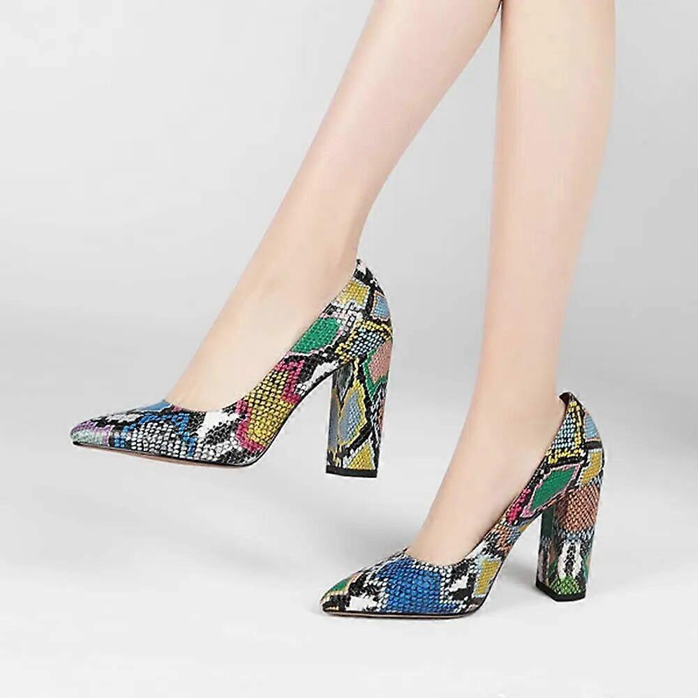 Blue Chunky Heel Snake Print Shoes MA-023