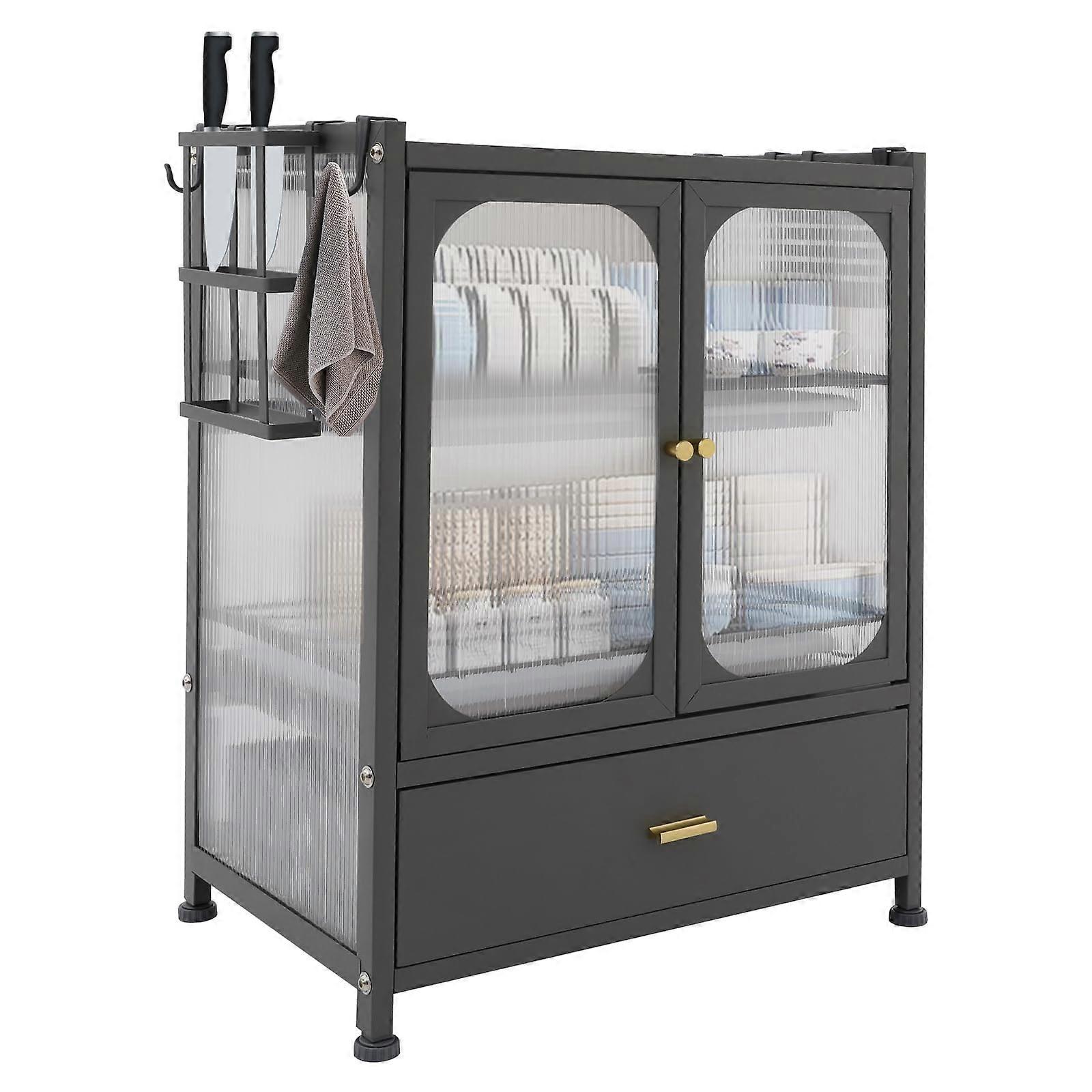 Multifunctional Kitchen Storage Cabinet with TwoTier Dish Drying Rack and SlideOut Drawer