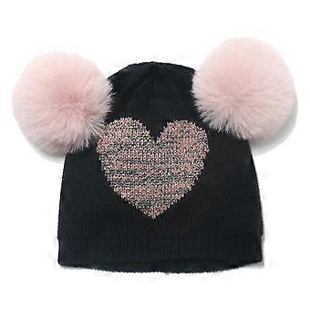 Elastic Knitted Hat Heart Pullover Cap Beanies With 2 Pompom For Kids Birthday